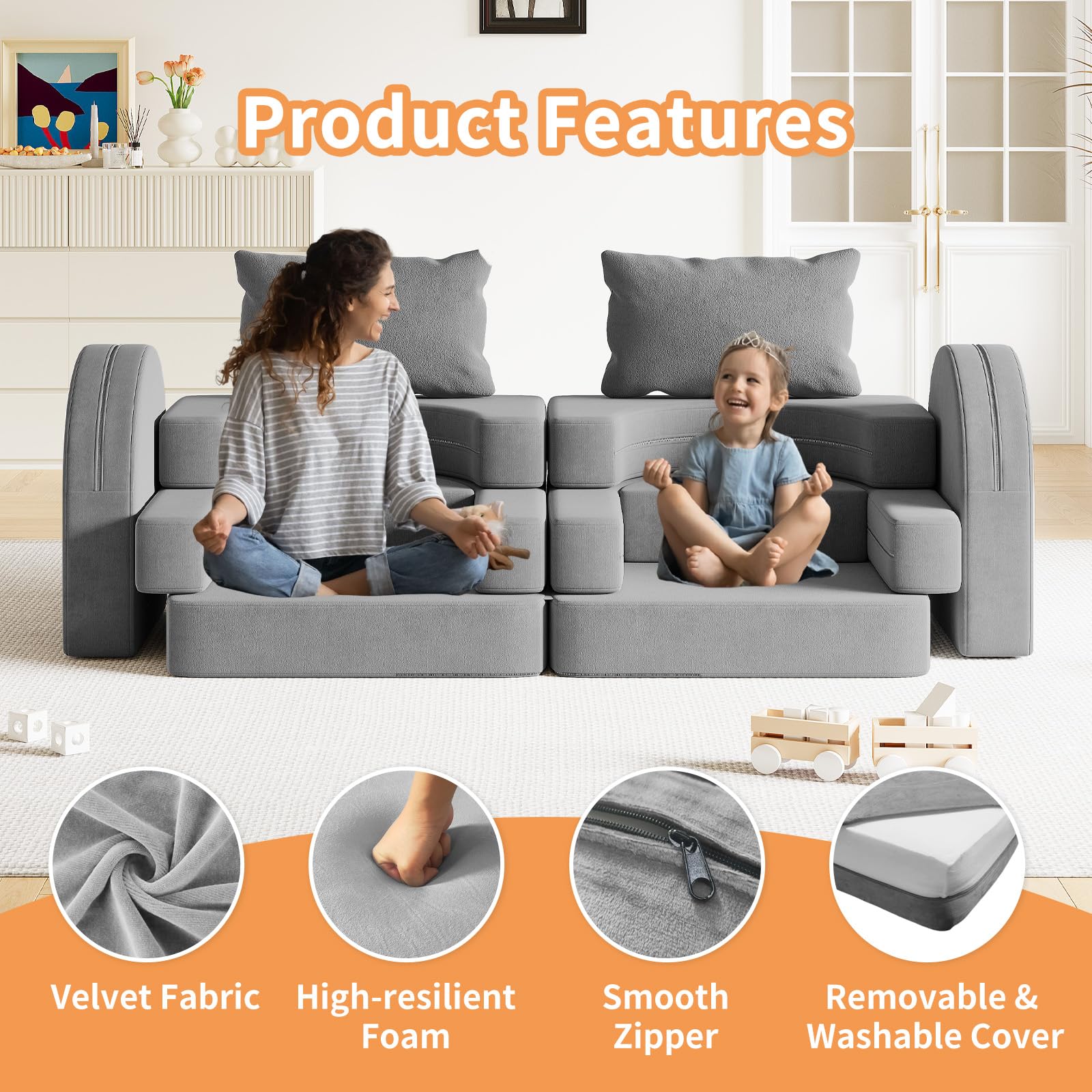 Linor Toddler Couch - 12-Piece Kids Sofa Set with 2 Pillows & Play Tunnel | Foldable Foam Couch for Playroom, Bedroom & Nursery | Creative Play Furniture for Toddlers & Babies (Grey) - Perfect for Pretend Play, Reading Nook & Cozy Relaxation