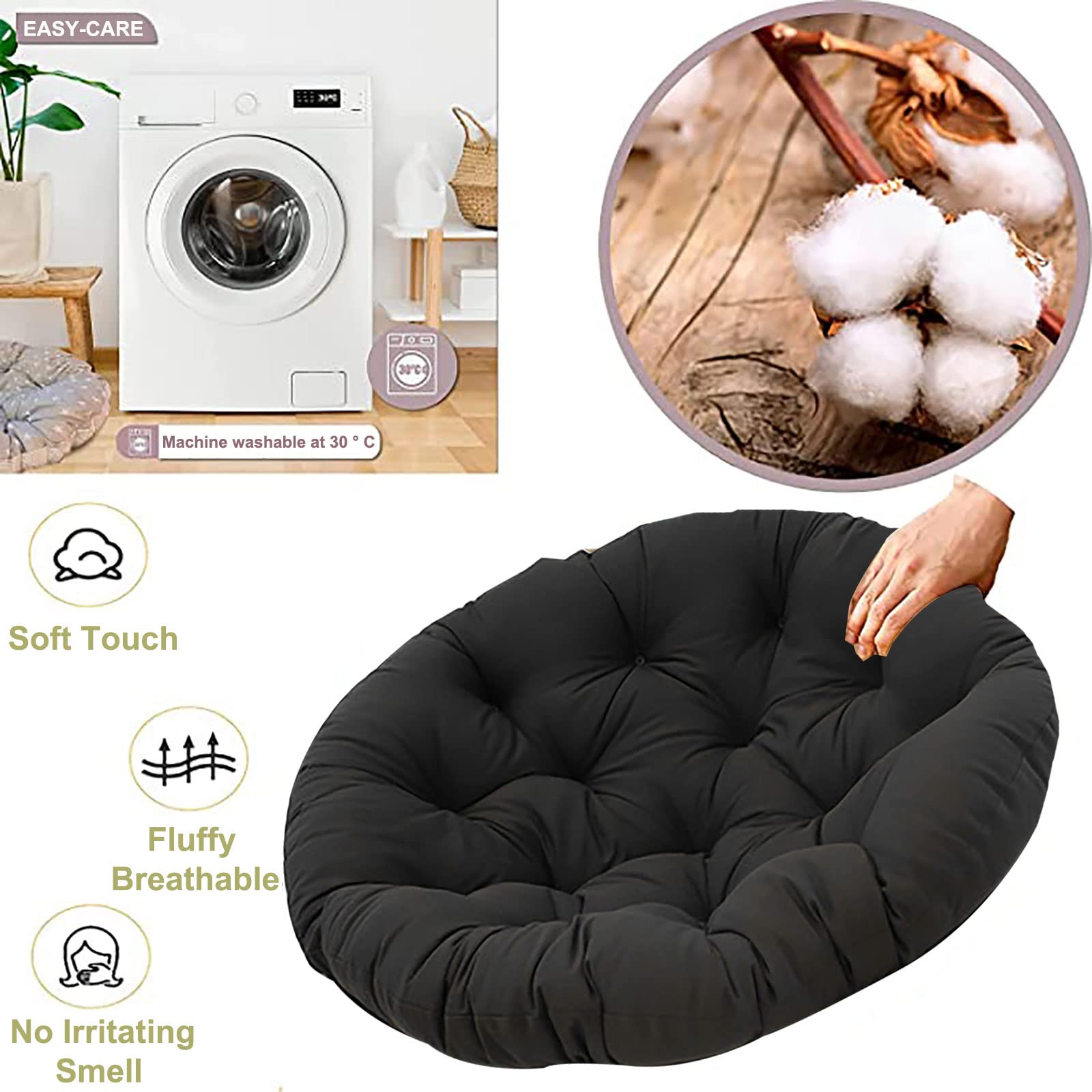 Premium Papasan Chair Cushion - Extra Thick 3XL Black Replacement Pad for Egg, Saucer, Rattan & Swivel Chairs - Indoor/Outdoor Use for Patio, Garden, Porch & Living Room