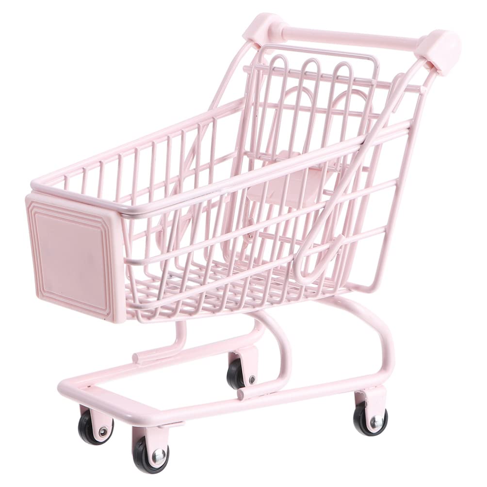 Miniature Shopping Cart - Pink Small Supermarket Handcart for Kids Play, Mini House Furniture, Desk Decor & Storage | Perfect for Dollhouse, Playroom, Classroom & Collectible Display