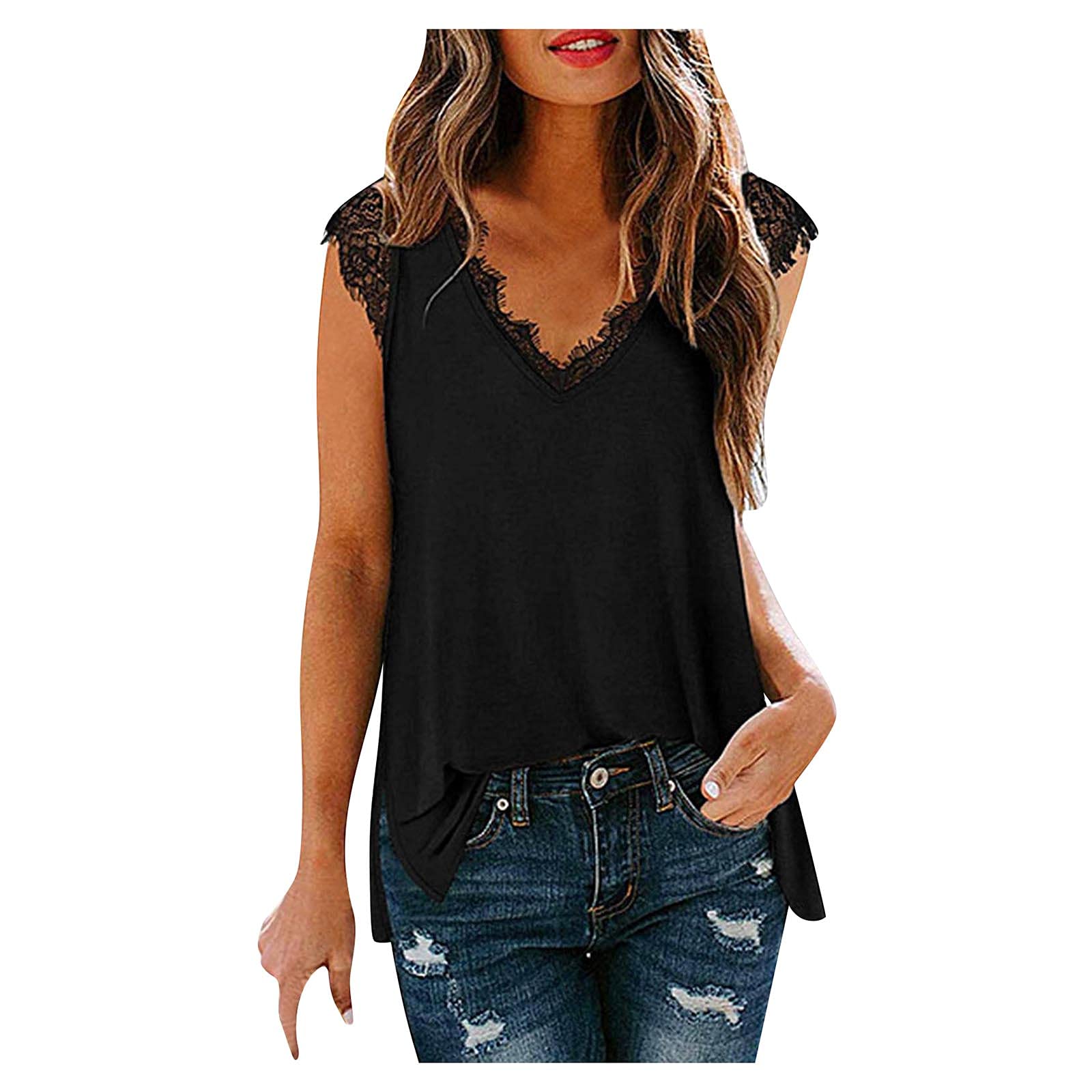 Women's V Neck Lace Tank Top - Summer Sleeveless Blouse with Side Split | Casual Basic Tops for Beach, Party & Everyday Wear