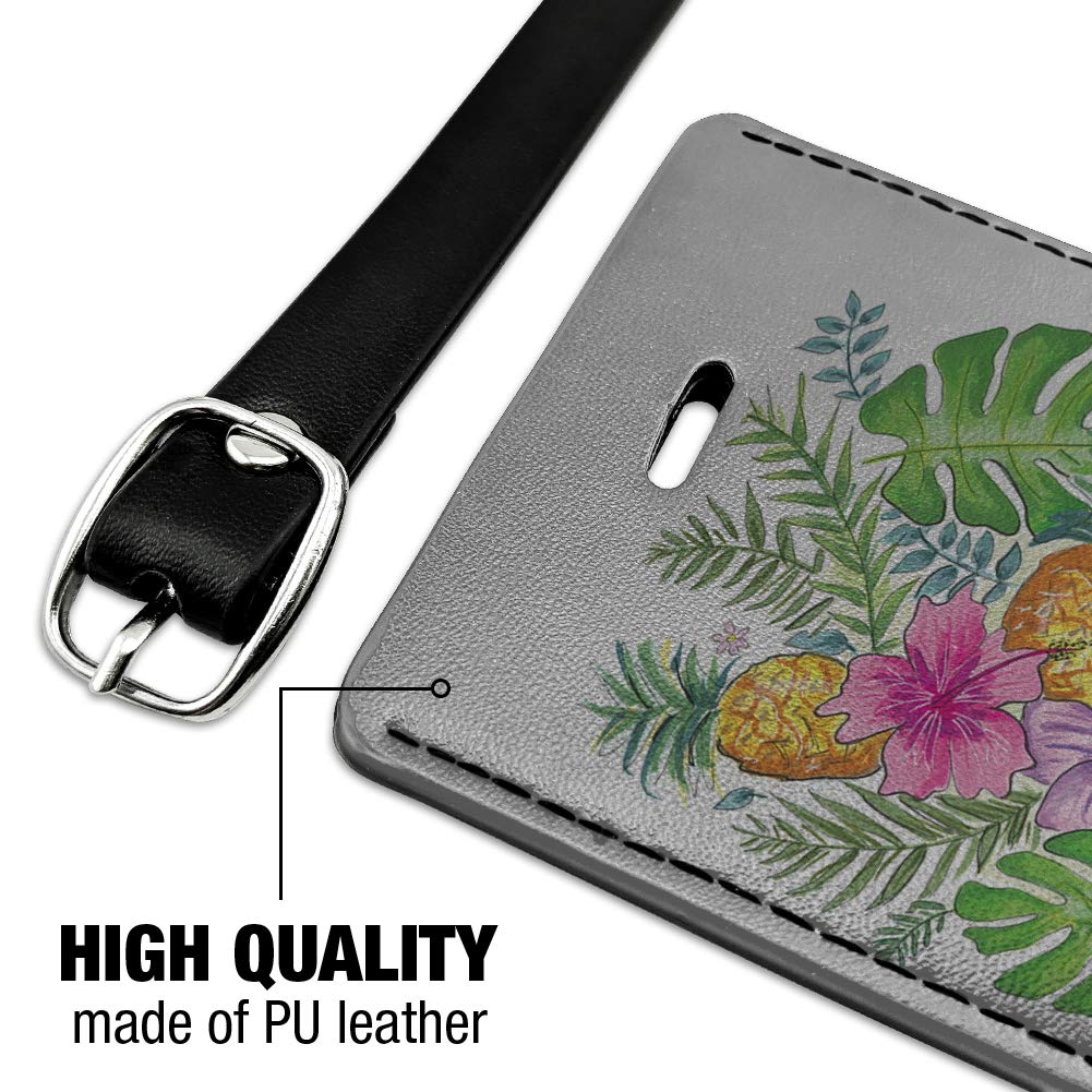 Stylish Rectangle Leather Luggage Tag with Tropical Hibiscus & Pineapple Design - Perfect for Travel ID Cards, Passport Holders & Suitcase Identification
