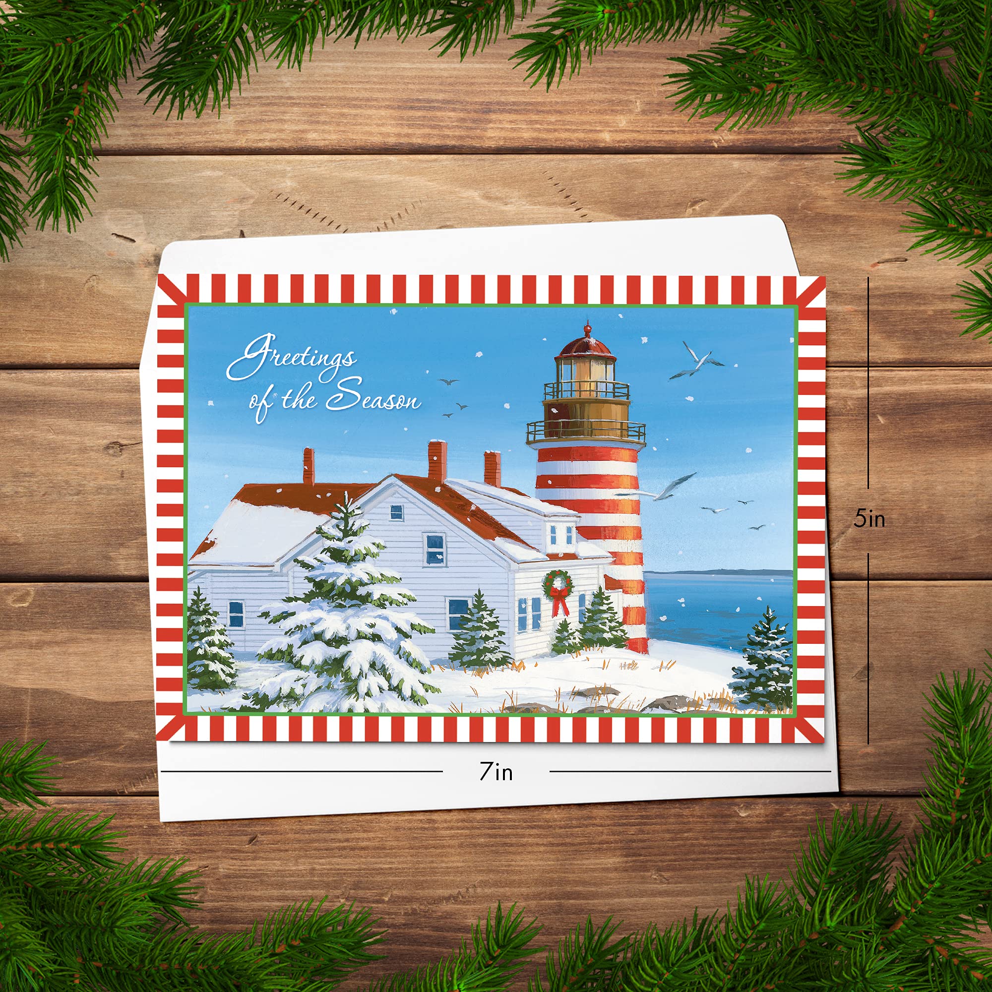 Red Farm Studios Designer Christmas Greeting Cards - Lighthouse in the Snow (Box of 18 Nautical Coastal Holiday Cards with White Envelopes) for Holiday Wishes, Office Gifts & Festive Decorations