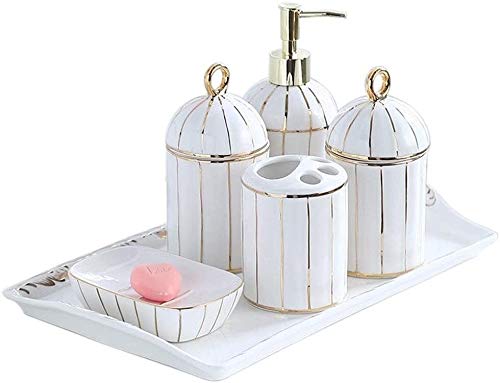 6-Piece Ceramic Soap Dispenser Set - Hand Sanitizer Dispenser, Soap Bottle, Soap Dish, Toothbrush Holder & Storage Tray - Elegant White Bathroom & Kitchen Countertop Accessories for Modern Home Organization