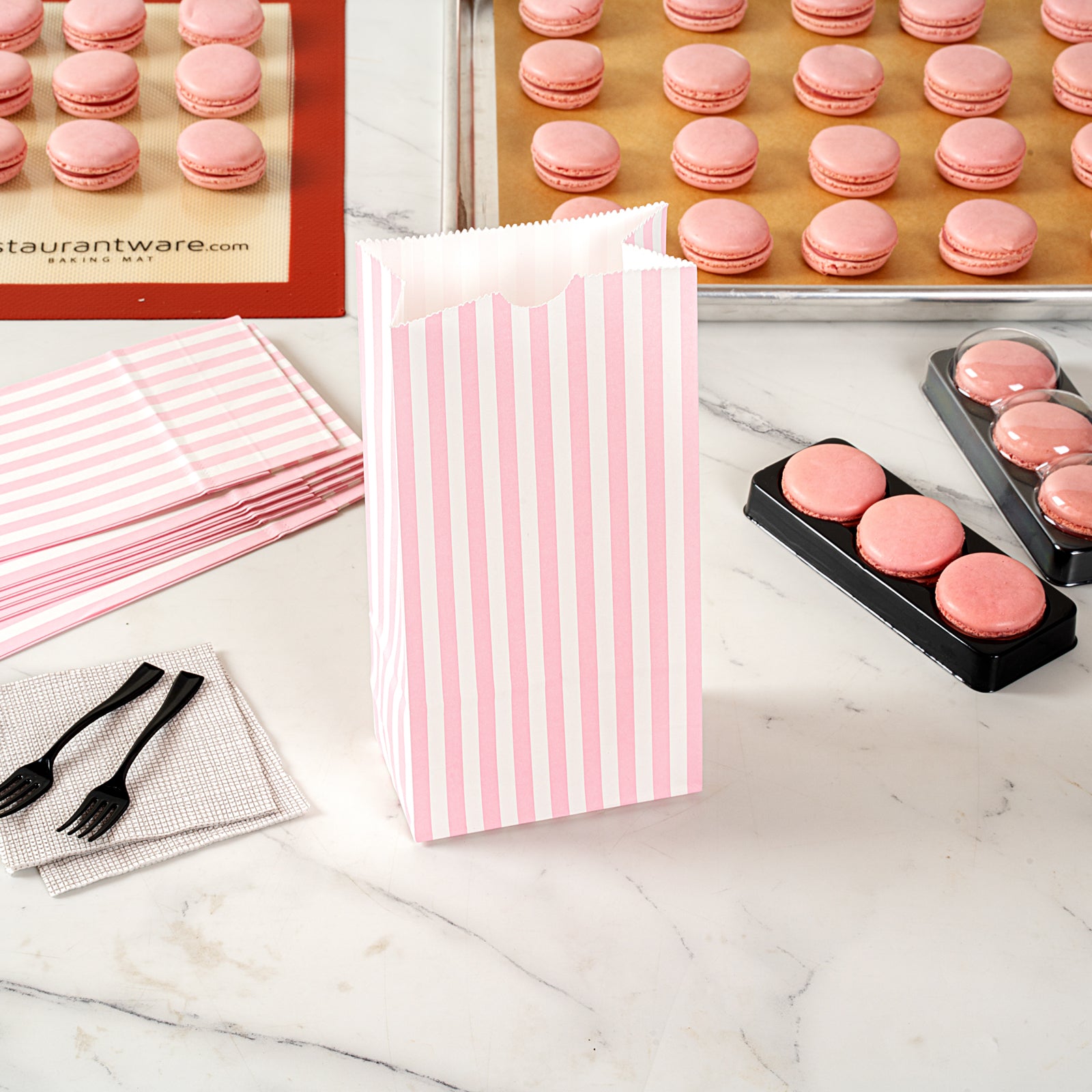 Pink and White Striped Paper Bags - 2 lb Capacity, 4.25
