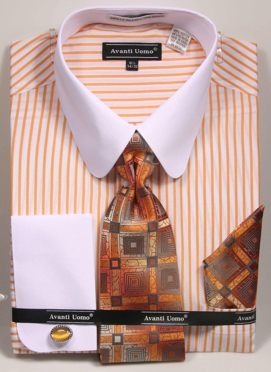 Men's Mustard Pinstripe Shirt Set with White Rounded Collar | Stylish Casual & Office Wear | Perfect for Business Meetings, Date Nights & Formal Events