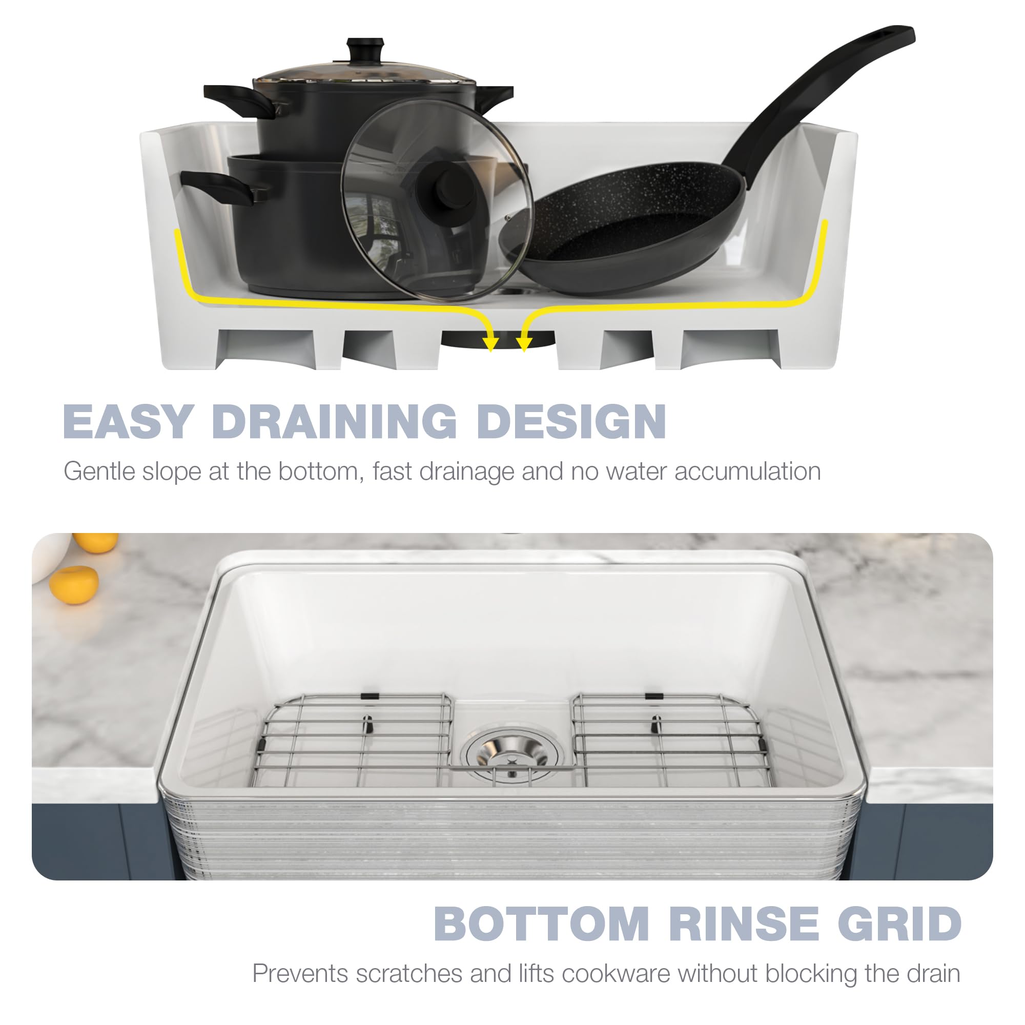 24-Inch Small Farmhouse Ceramic Kitchen Sink with Strainer & Bottom Grids - Elegant Silver Stripes Design for Modern Kitchens | Perfect for Washing Dishes, Food Prep & Laundry Tasks