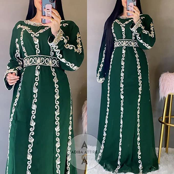 ADIBA CREATION Moroccan Kaftan Dress for Women - Elegant Dubai Farasha Abaya Cover Up, Long Sleeve Maxi Gown, Medium Size, Emerald Green | Perfect for Eid, Wedding, Party & Special Occasions
