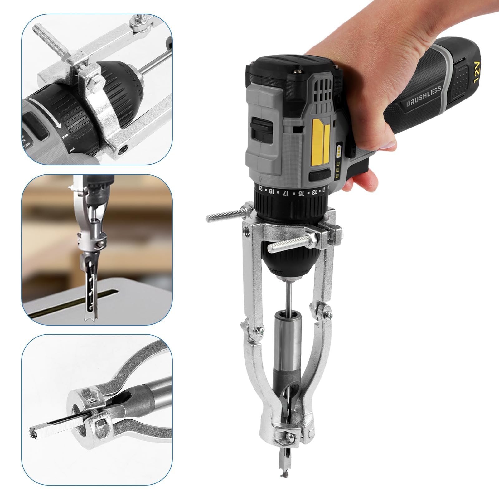 Premium Carbide Square Hole Drill Bit Adapter Kit - 4-Piece Woodworking Mortising Chisel Set with Tenon Drill Bits & Fixing Bracket for Bench Drill | Perfect for Furniture Making, Cabinet Joinery, and DIY Wood Projects