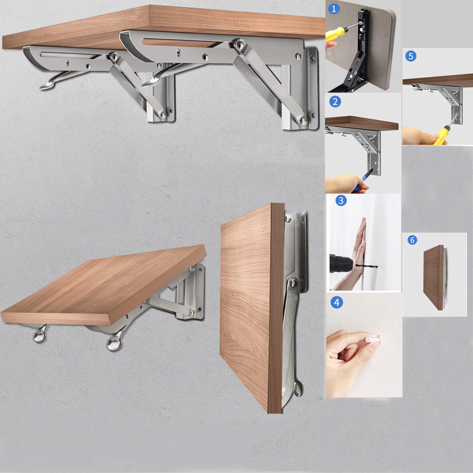 Heavy Duty Black Metal Folding Shelf Brackets - 10 Inch Sturdy Triangle Wall Mounted Hinge for Tables, Benches & Shelves (2 Pack) - Perfect for Garage Storage, Kitchen Organizers & DIY Home Projects