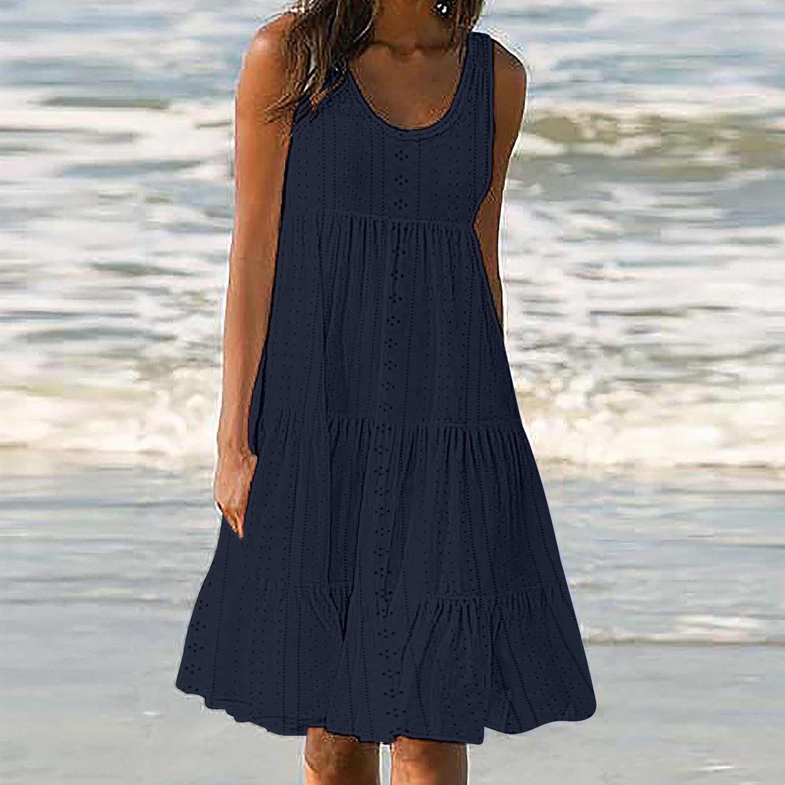 BOXIACEY Women's Sleeveless Sundress 2024 Summer Eyelet Beach Dress - Ruffled Tiered Layered Flowy Dress for Vacation, Pool Party, and Casual Outings