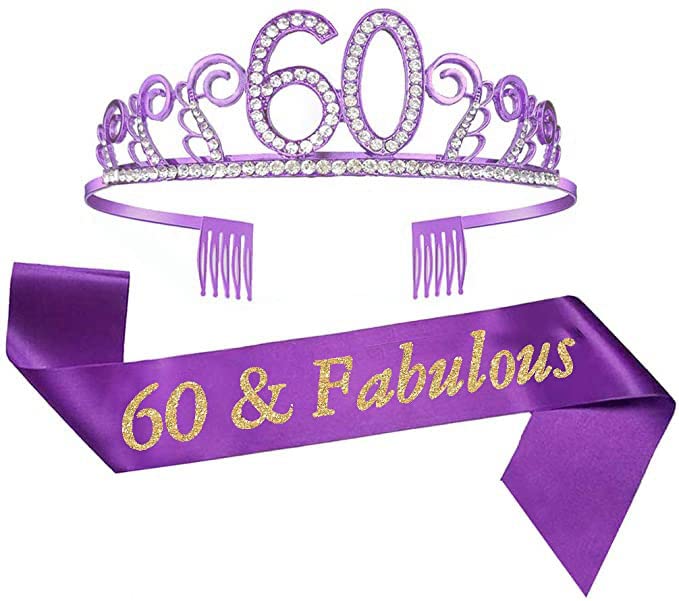 60th Birthday Sash & Tiara Set - Sparkling Purple Glitter Sash with Rhinestone Crown for Women | Perfect for Milestone Celebrations, Birthday Decorations & Party Supplies | Great Gift Idea for 60th Birthday Parties