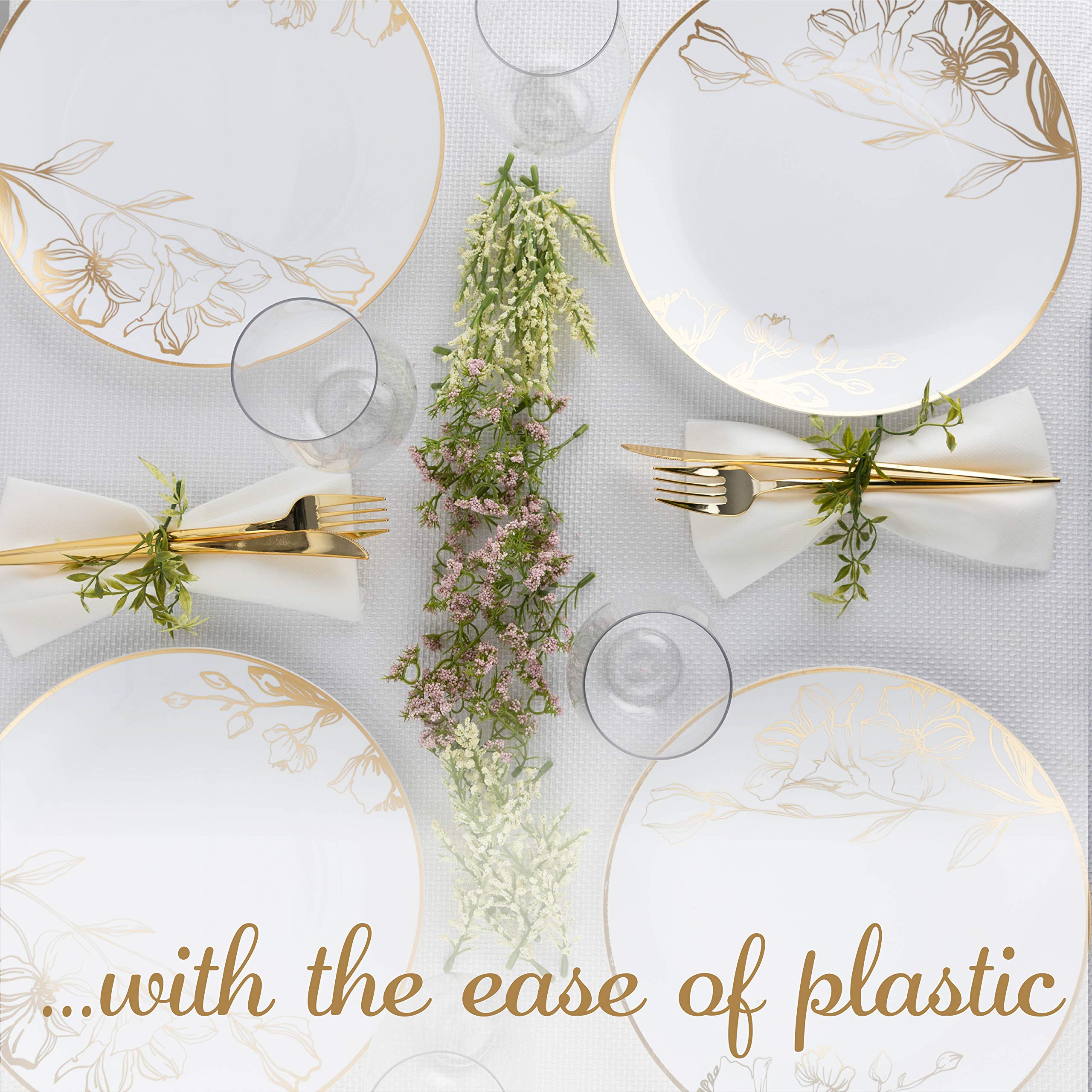 Elegant White Plastic Floral Design Party Plates with Gold Rim - Premium Heavyweight Disposable Tableware (10 Inch, 120 Count) for Weddings, Baby Showers & Special Events