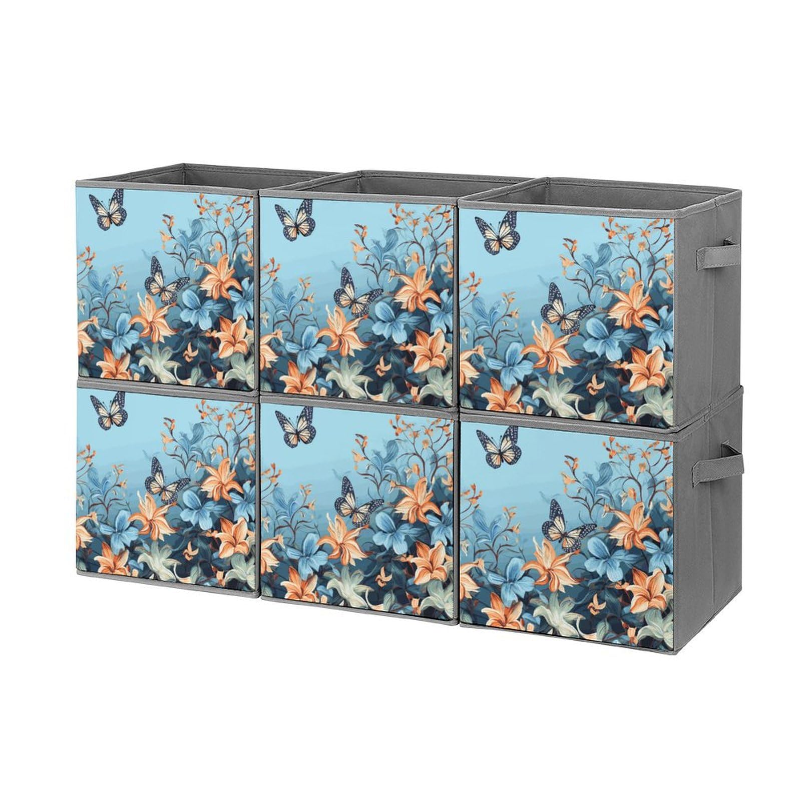 6-Piece Collapsible Storage Bins with Handles - Blue Butterfly Floral Printed Fabric Organizer Boxes for Shelves, Closet, Bathroom & Home Organization - Space Saving Foldable Storage Baskets for Bedroom, Office & Kids Room