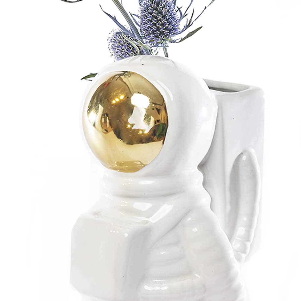 Chive Astronaut Shape Vase - Modern White & Gold Ceramic Planter for Flowers, Succulents | Perfect for Home Decor, Office Desk, Gift Ideas (Large Size)