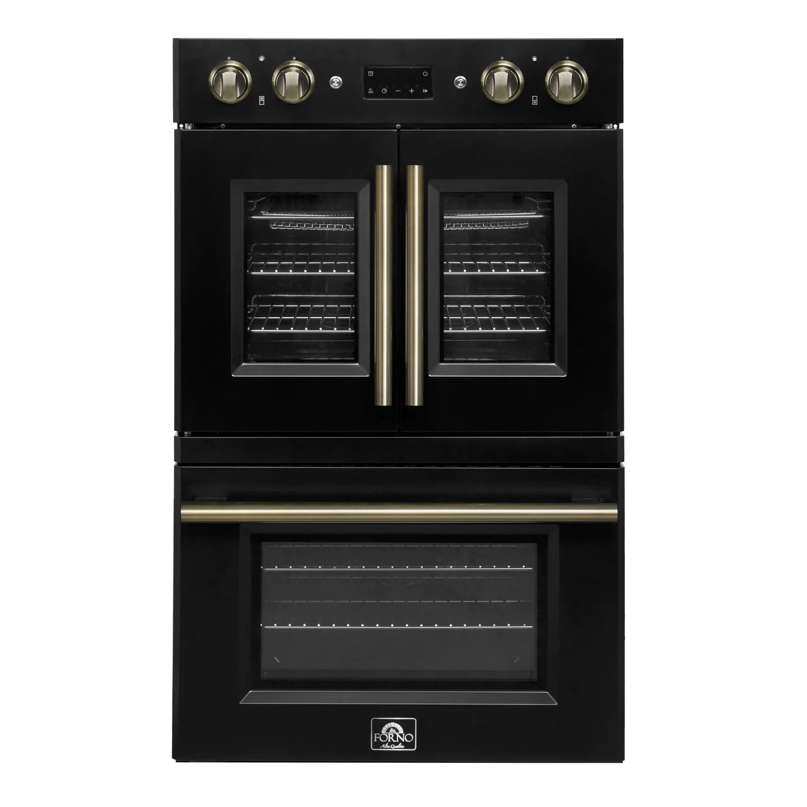 Forno Asti 30 Inch Double Electric Wall Oven with French Doors - Black Finish & Antique Brass Trim (Model FBOEL1340 30BLK) - Perfect for Modern Kitchens, Baking & Entertaining