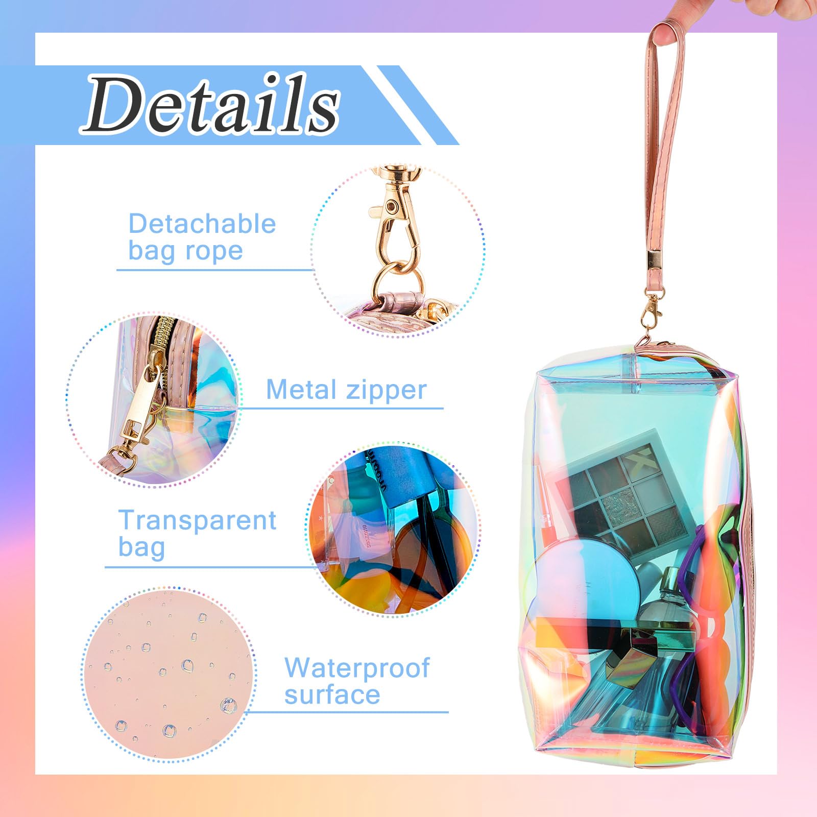 8 Pack Holographic Clear Makeup Bags with Zipper - Waterproof Travel Cosmetic Organizer, Iridescent Toiletry Pouch with Wrist Loop for Women - Perfect for Vacation, Gym, Office, Diaper Storage & Gift Giving (Large Size)