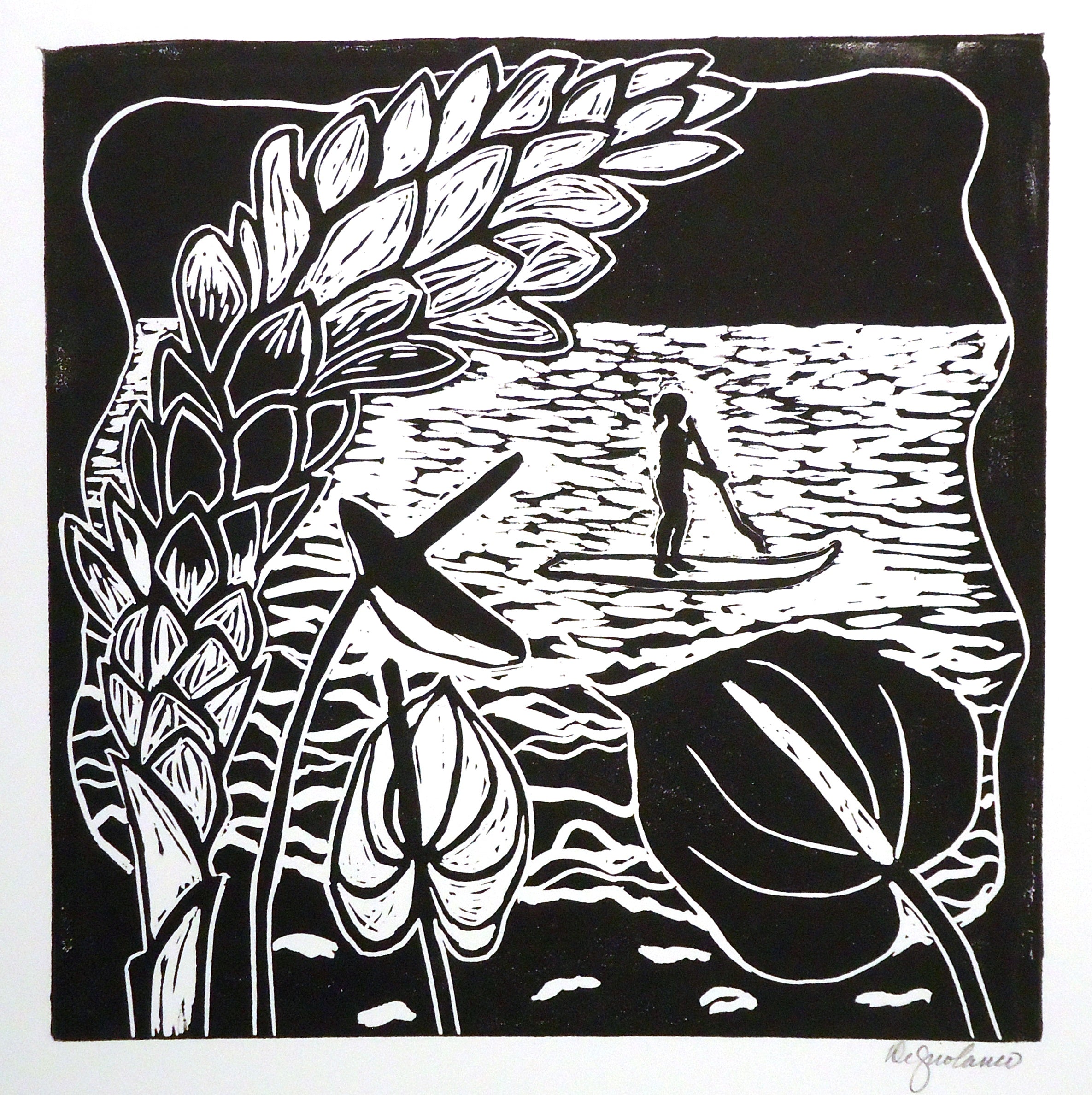 Pia De Girolamo Island Flowers with Paddle Boarder Art Print - Tropical Beach Wall Decor for Living Room, Bedroom & Office