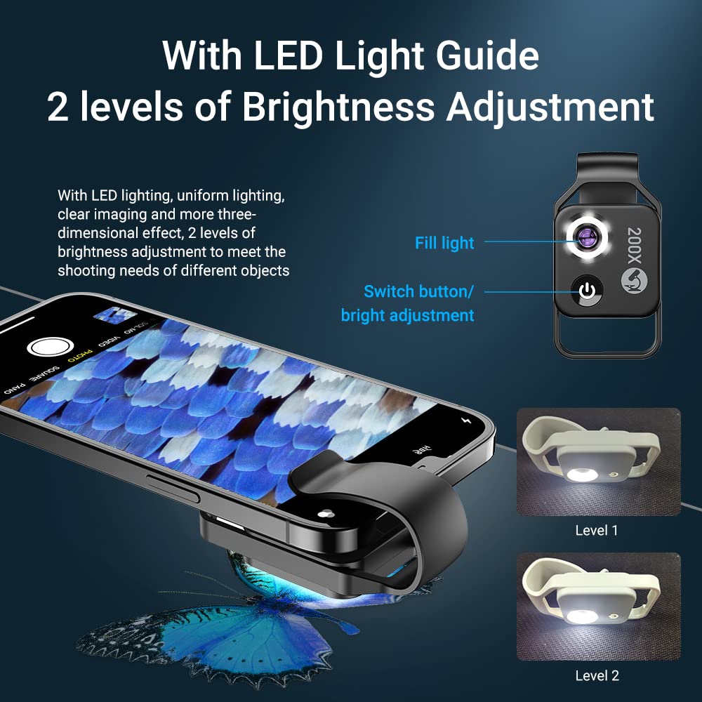200X Magnification Microscope Lens with CPL Filter & LED Light - Universal Macro Lens for iPhone, Samsung & All Smartphones (Black) - Perfect for Coin Collecting, Jewelry Inspection & Science Experiments