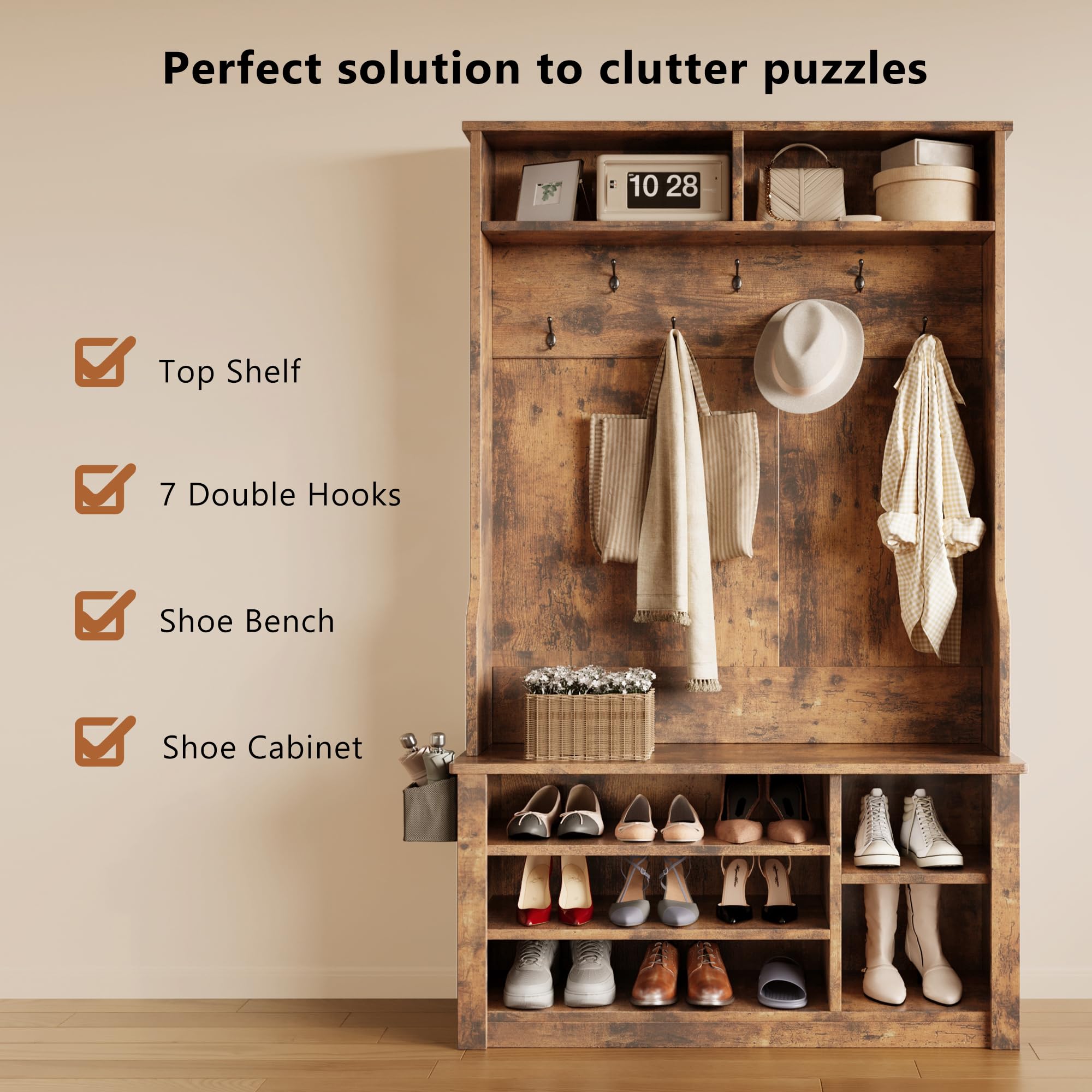 Aiho 3-in-1 Entryway Hall Tree with Bench, Coat Rack & Adjustable Shoe Storage | 2-Tier Top Shelf | Rustic Brown | Perfect for Hallway, Foyer, Bedroom & Small Space Organization