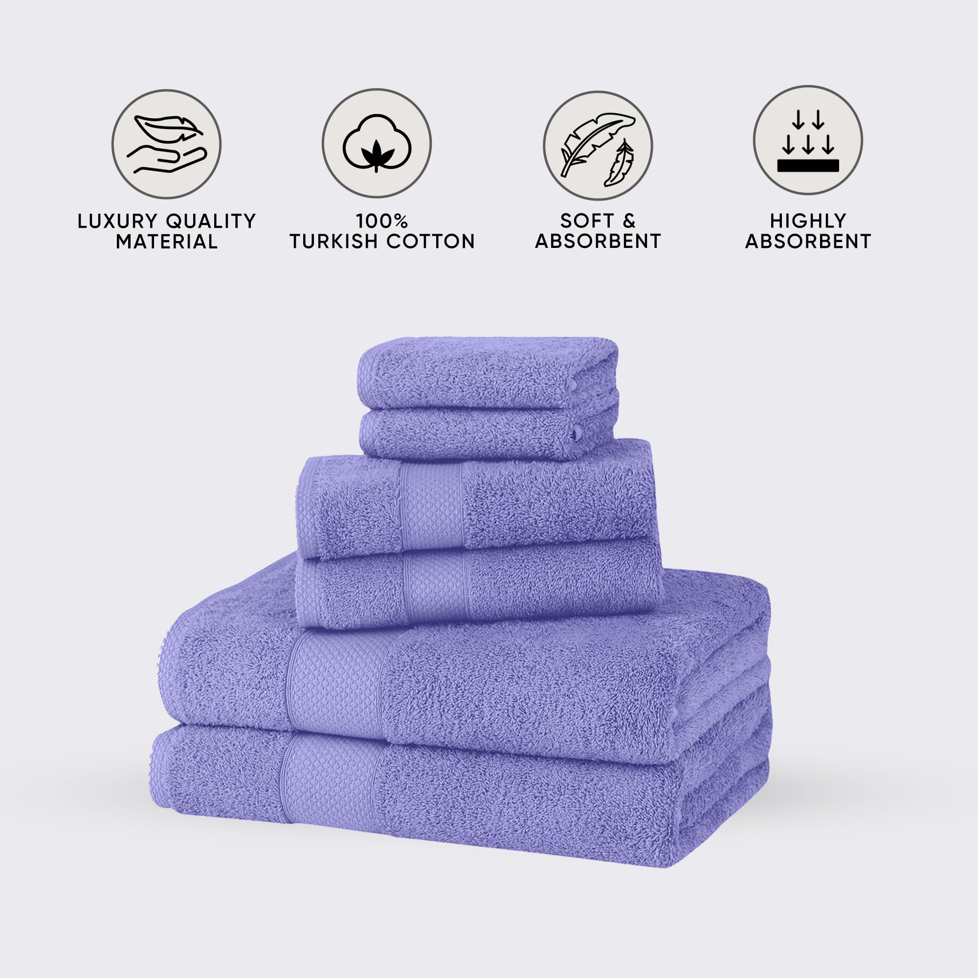 Premium 6-Piece Turkish Cotton Towel Set - Ultra Soft, Quick Dry & Highly Absorbent Bath Towels (2), Hand Towels (2) & Washcloths (2) | Luxury Spa & Bathroom Essentials for Home, Hotel & Gifts (Lilac)