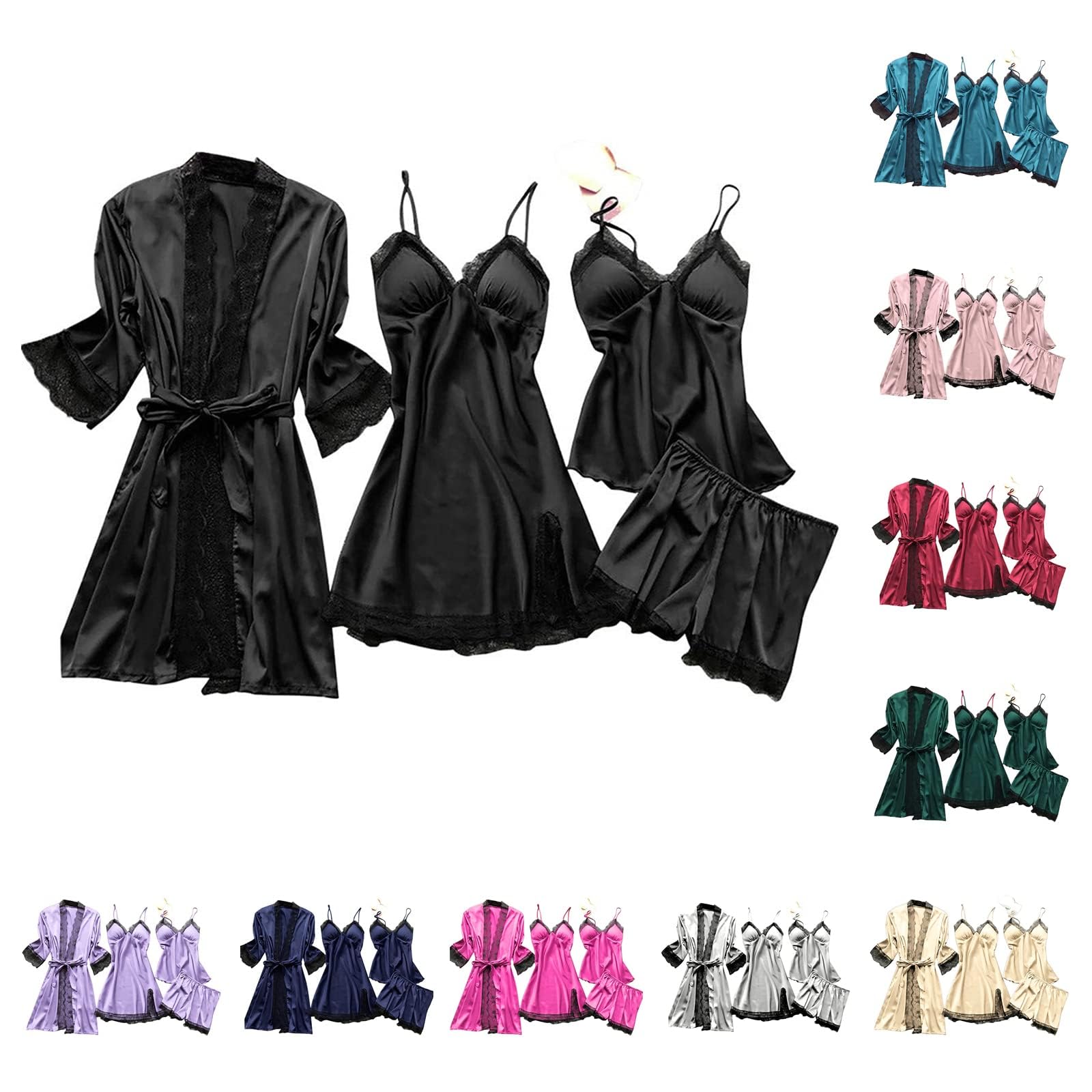 Women's Silk Pajama Set - 4 Piece Lace Trim Sleepwear with Camisole, Shorts & Robe - Comfortable Lounge & Nightwear for Relaxation, Honeymoon, Anniversary Gift