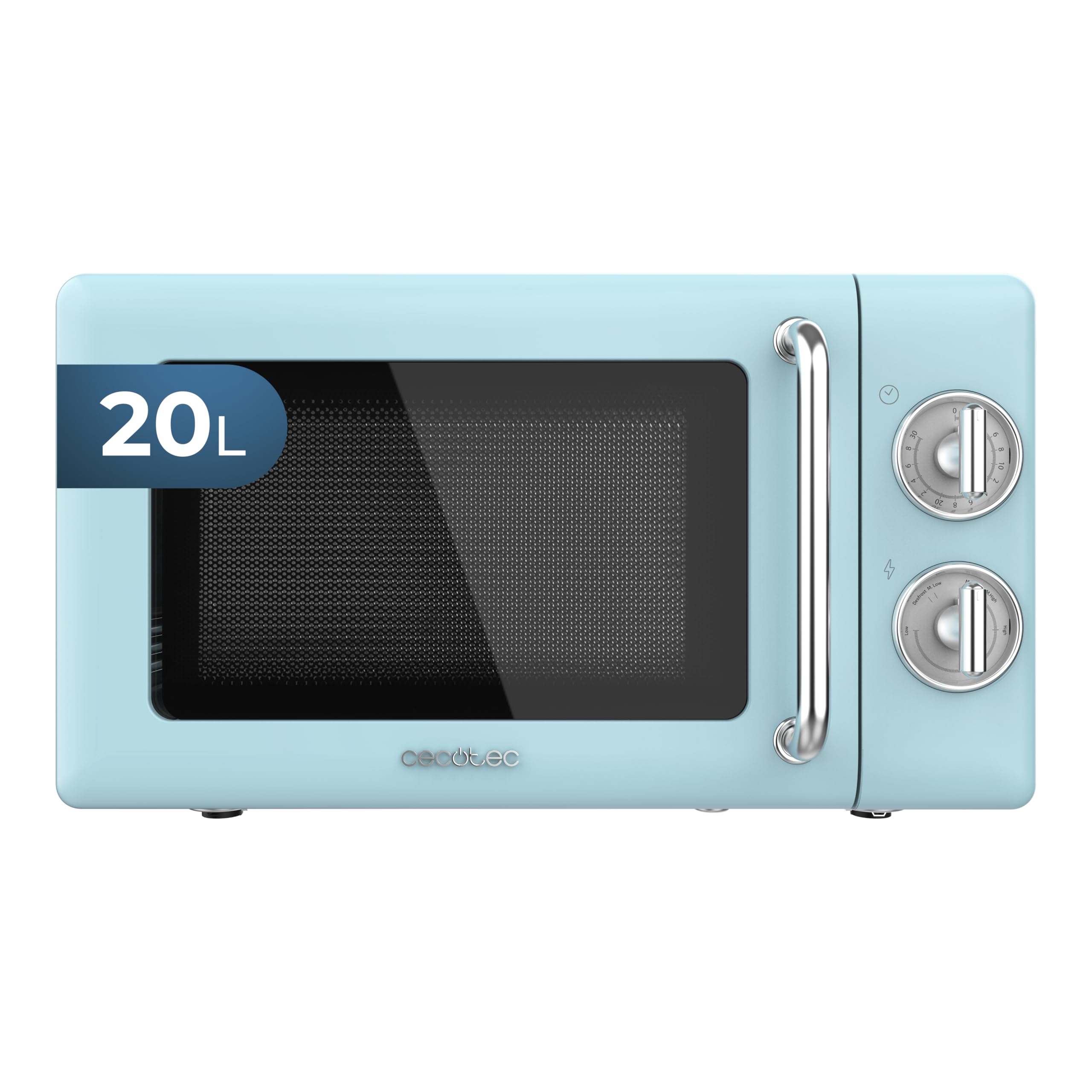 Cecotec 20L Mechanical Microwave Oven - 700W, 6 Power Levels, 30-Minute Timer, Defrost Function, Retro Blue Vintage Design with Steel Finishes - Perfect for Small Kitchens, Dorms & Office Break Rooms