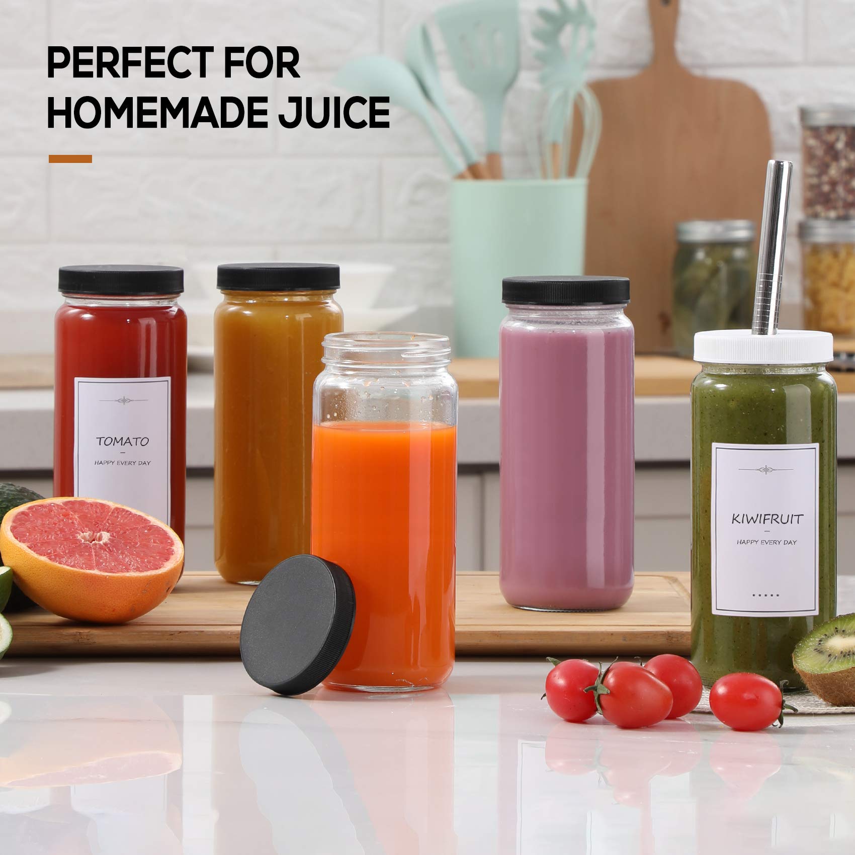 8 Pack 16oz Glass Juice Bottles with 2 Straws & 2 Lids - Reusable Mason Jars with Airtight Black Lids for Juice, Smoothies, Bubble Tea, Kombucha - Perfect for Travel, Gym, Office & Home Use