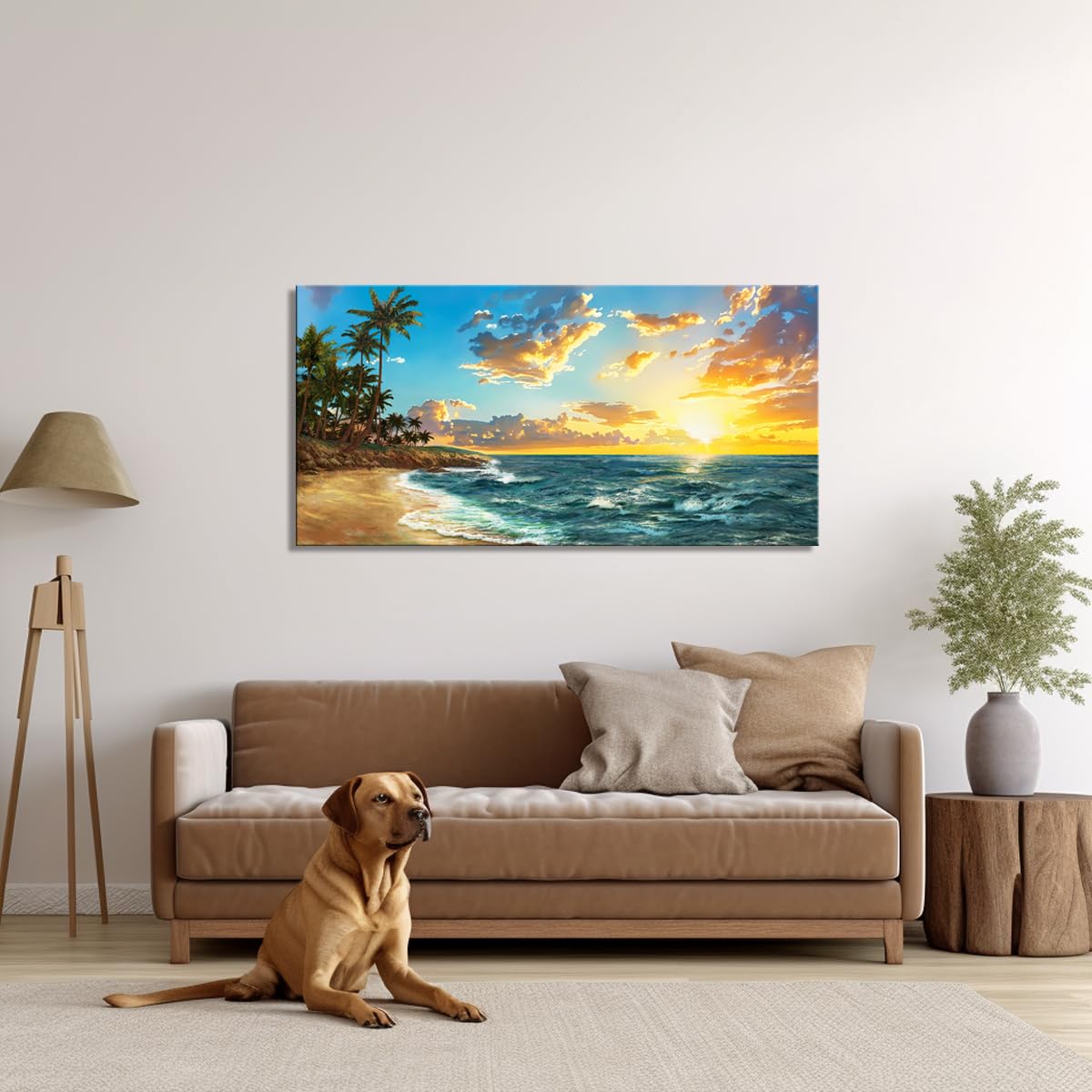 Popuwall XXLarge Tropical Beach Sunset Wall Art - Palm Trees & Ocean Waves Painting for Living Room, Bedroom, Farmhouse & Office Decor | Perfect for Coastal, Summer & Vacation Themed Spaces