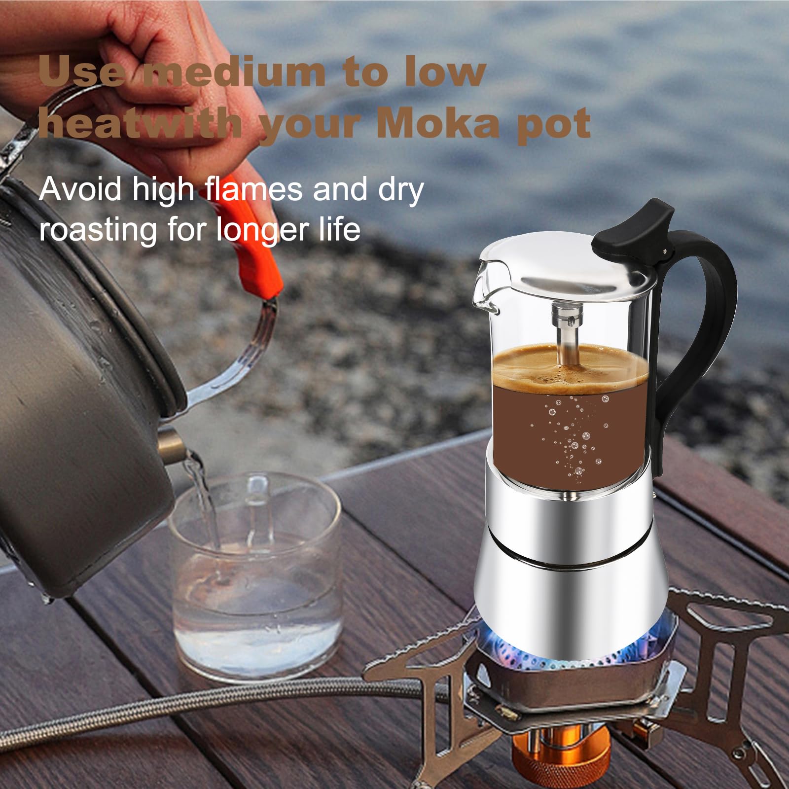 Premium 304 Stainless Steel Moka Pot - 6.6oz Stovetop Espresso Maker for Rich Italian Coffee | Durable Espresso Machine for Home, Office & Camping | Perfect for Coffee Lovers & Outdoor Adventures (200ml Capacity, Black)