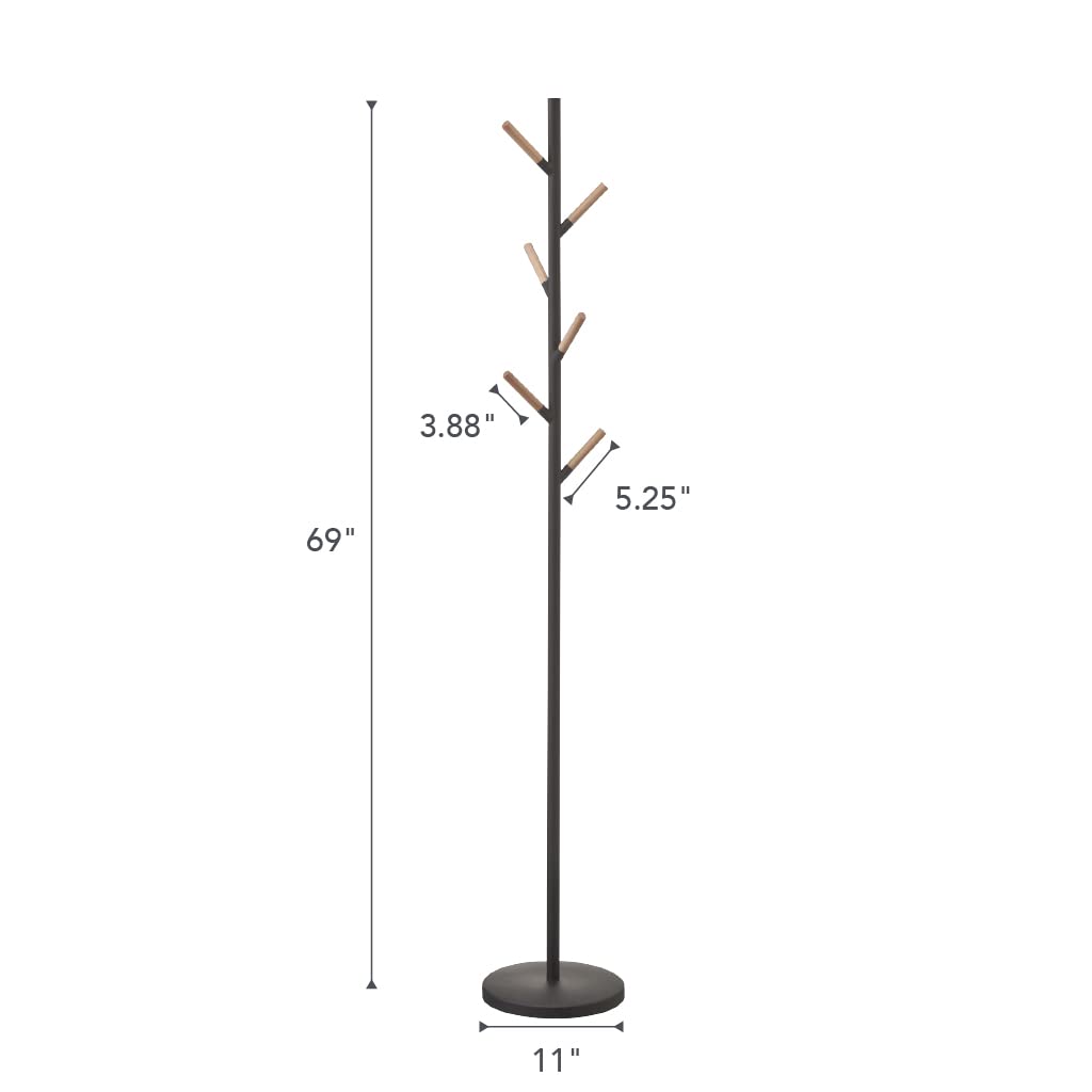Yamazaki Home Freestanding Coat Rack with Wooden Hooks - 70 Inch Space Saving Entryway Organizer for Jackets, Hats & Bags - Sturdy Steel Construction for Hallway, Bedroom or Office