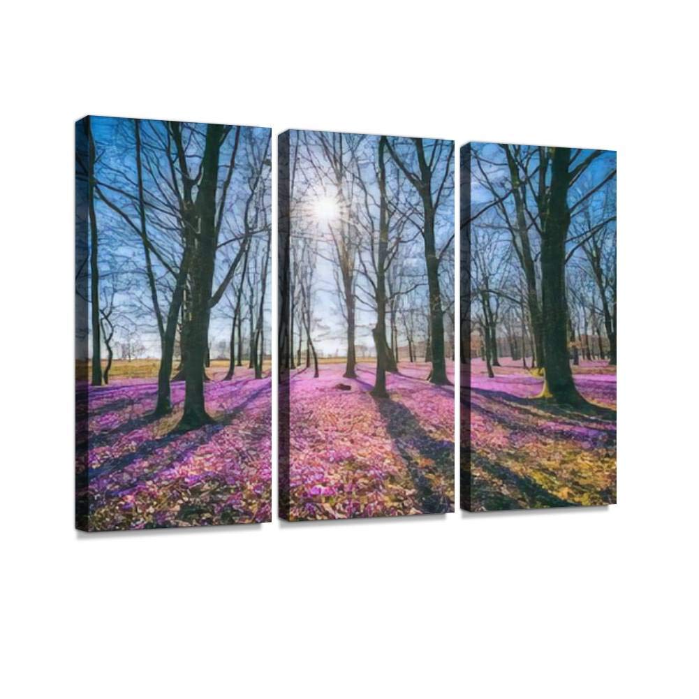 Sunny Flowering Forest with Wild Violet Crocus & Saffron Flowers Canvas Wall Art - 3 Panel Painting for Living Room & Bedroom Decor - Nature Inspired Home Wall Art - Perfect for Cozy Spaces & Modern Interiors