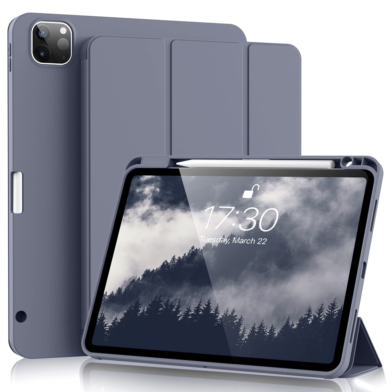 Aoub iPad Pro 11 Inch Case (2021/2022 Model) - Premium Protective Cover with Pencil Holder, Wireless Charging, Auto Sleep/Wake & Trifold Stand - Purple Gray - Perfect for Work, School & Travel