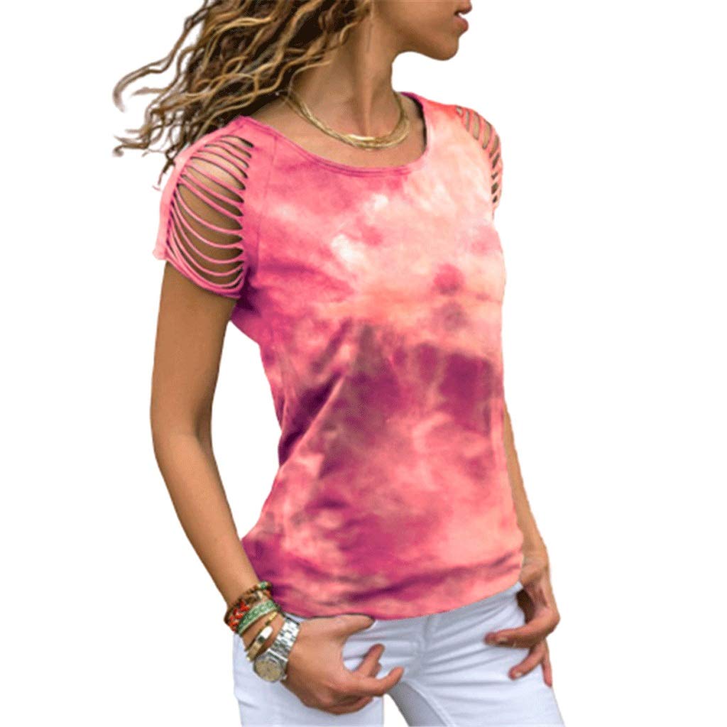 TWDYC Women's Tie-Dye Print Short Sleeve T-Shirt - Summer Casual Slim Fit Hollow Out Sleeve O-Neck Top (Size S, Color D) | Perfect for Beach Outings, Music Festivals & Everyday Wear