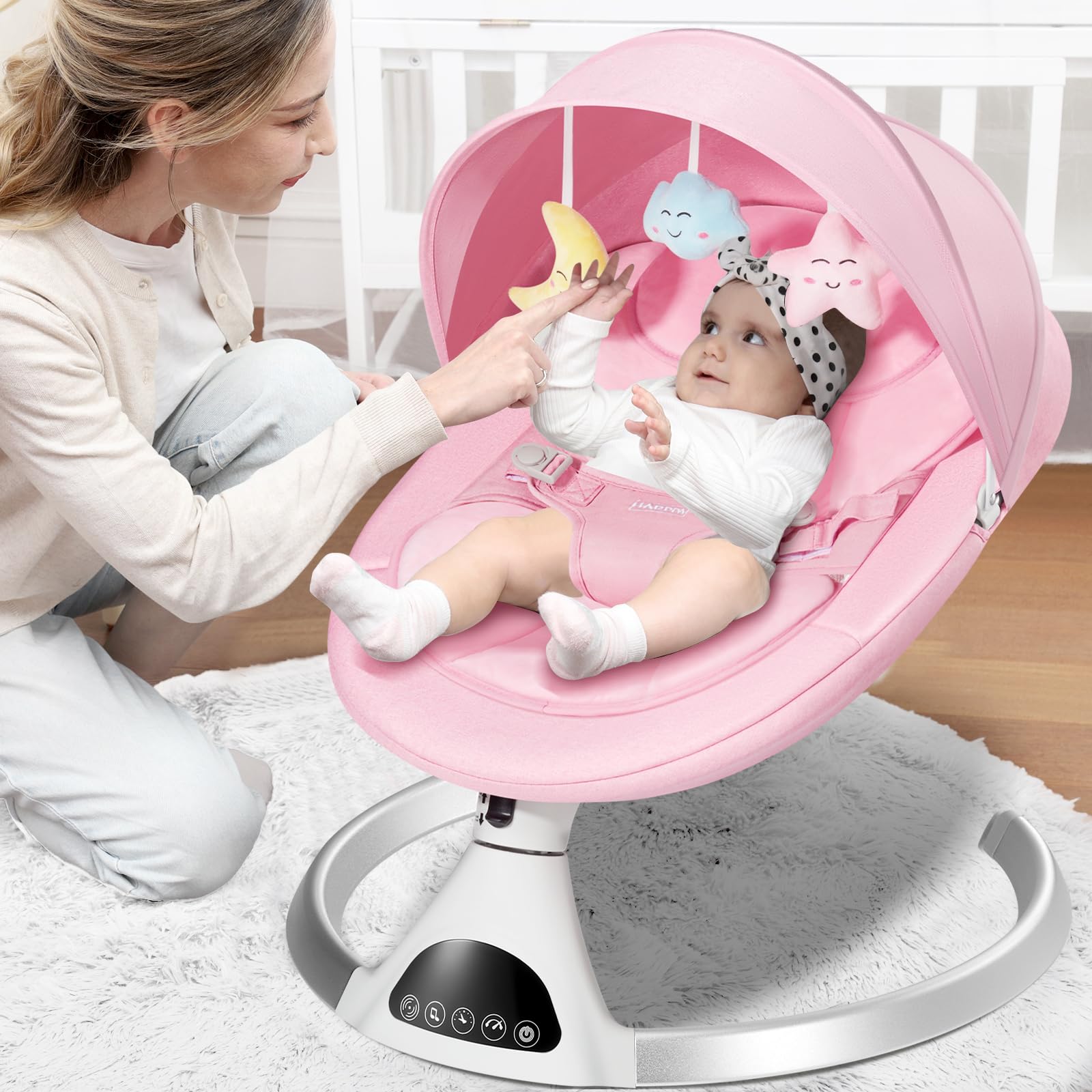HARPPA Electric Baby Swing for Infants & Toddlers - Portable Motorized Bluetooth Baby Swing with 12 Lullabies & Music Speaker - Newborn Swing for Boys & Girls (Pink) - Perfect for Nursery, Travel & Soothing Fussy Babies