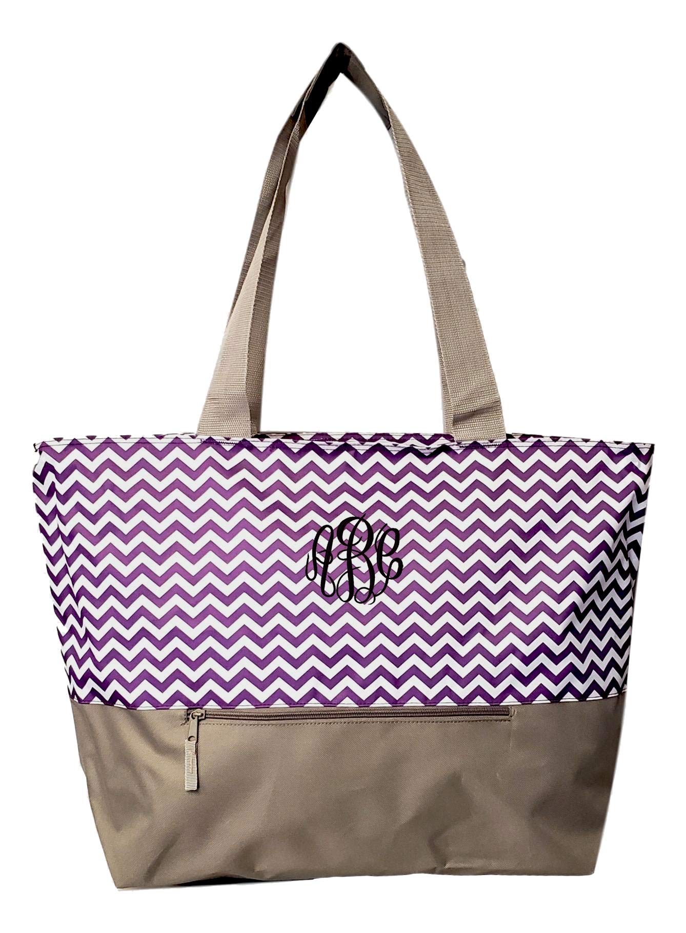 Personalized Monogrammed XL Beach Tote Bag - Chevron Print, Mesh Webbed Handles & Zippered Pocket - Perfect for Pool, Beach Vacation, Gym & Shopping