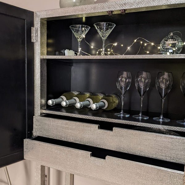 Elegant Silver Metal Embossed Bar Cabinet with Two Doors - Perfect for Home Bar, Living Room, or Dining Room Storage