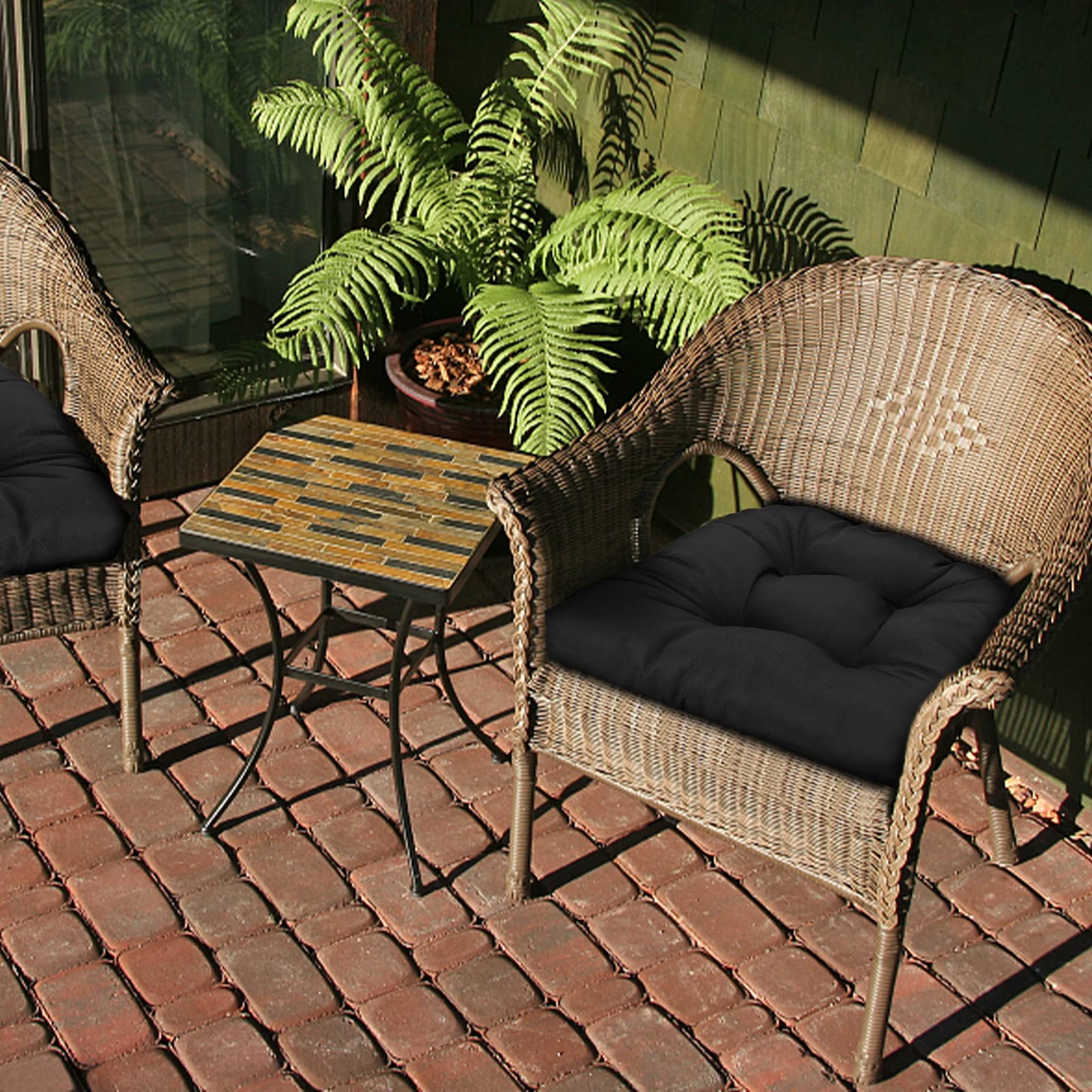 Premium Outdoor Tufted Wicker Cushions - Set of 2 (19x19 Inch) Weather-Resistant Patio Chair Cushions with Ties - Overstuffed Thick Padding for Wicker Furniture - Perfect for Backyard, Garden, Poolside & Patio Relaxation (Black)