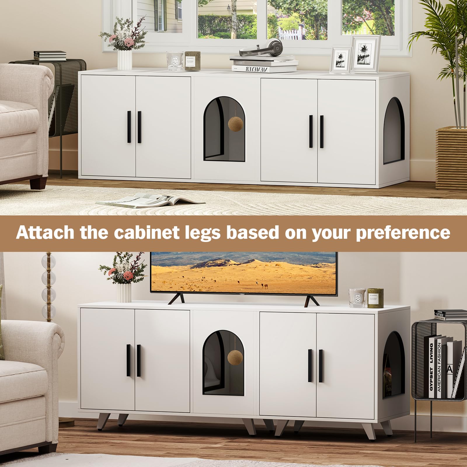 Large Cat Litter Box Enclosure Furniture for 2 Cats - Dual Storage Cabinet with Scratching Mat & Toy Ball - White - Perfect for Indoor Cat Owners & Small Spaces