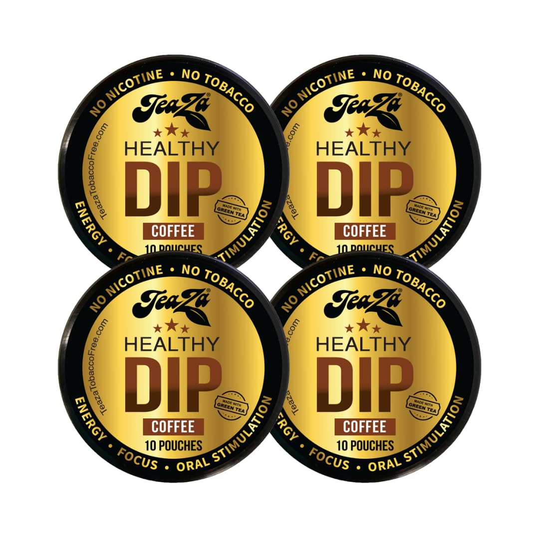 TeaZA Herbal Dip Coffee Pouches - Nicotine Free, Tobacco Free, Caffeinated Energy Pouches with Green Tea Extract (4 Pack) - Perfect for Workouts, Travel & Focus Boosting