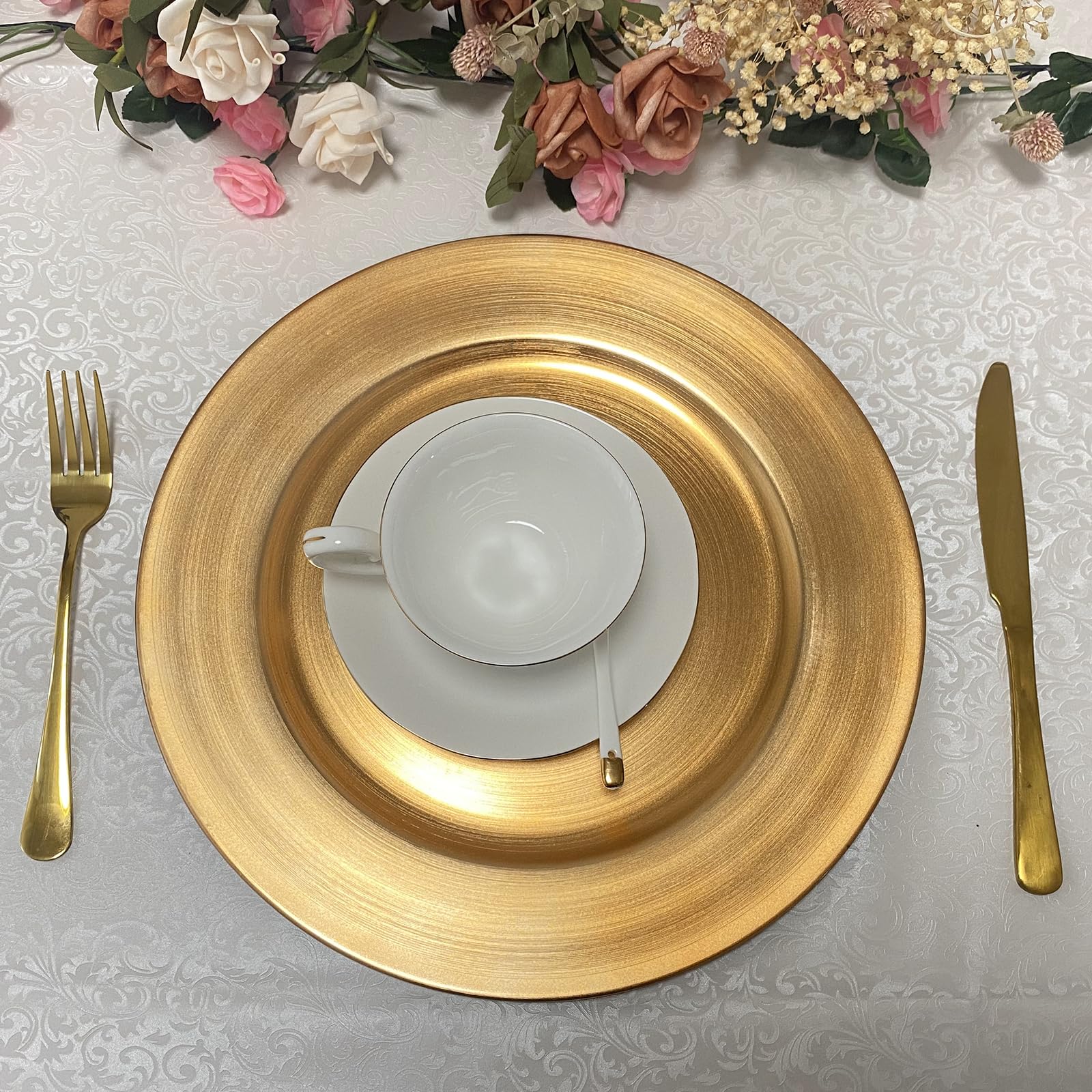 13 Inch Round Plastic Charger Plates Set of 8 - Elegant Gold Metallic Foil Dinner Plates for Wedding, Party, Banquet & Special Events - Perfect for Formal Dining, Buffet Service & Table Decorations