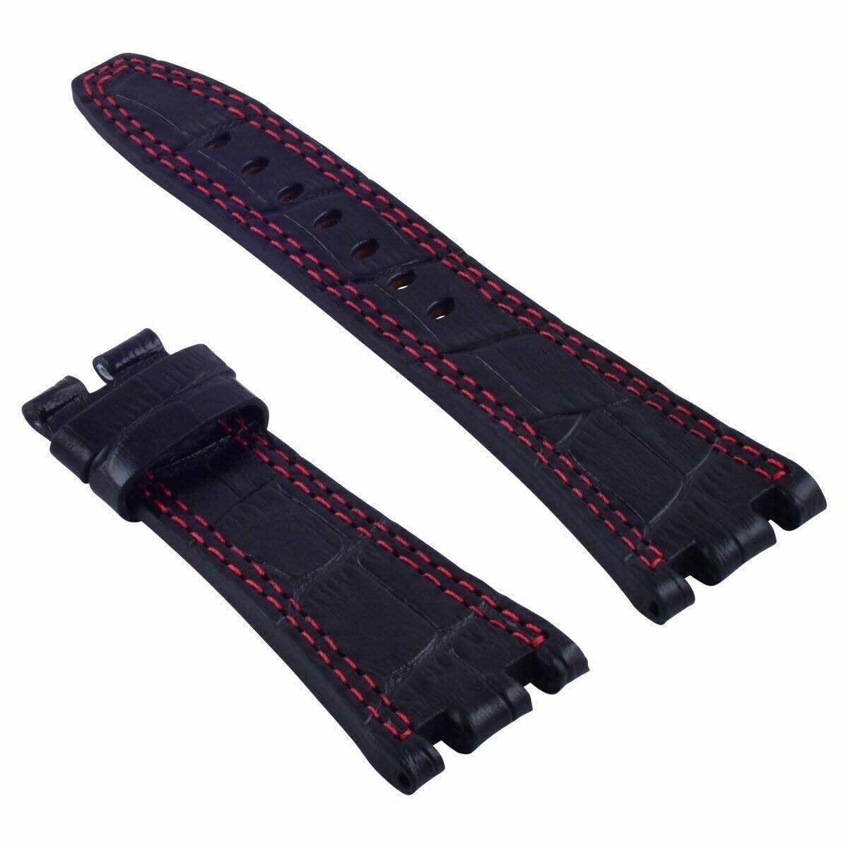 28mm Genuine Leather Watch Band Strap for Audemars Piguet Royal Oak - Black with Red Stitching | Replacement Watch Strap for Men & Women | Perfect for Business, Casual & Formal Occasions