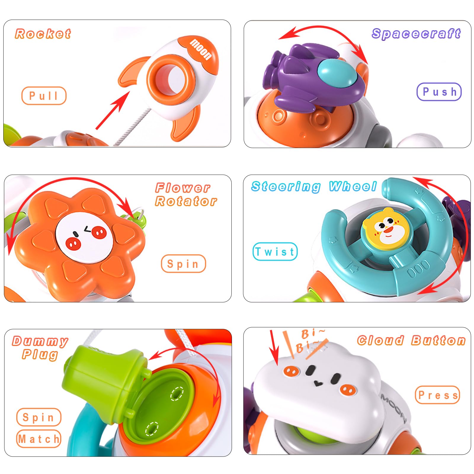 Montessori Sensory Toys for Toddlers 1-3 Years - Educational Busy Board Cube for Baby Boys & Girls - Car Travel Activities & Learning Toy for 18 Month Olds (Rocket Design) | Perfect for Road Trips, Airplane Entertainment & Early Childhood Development