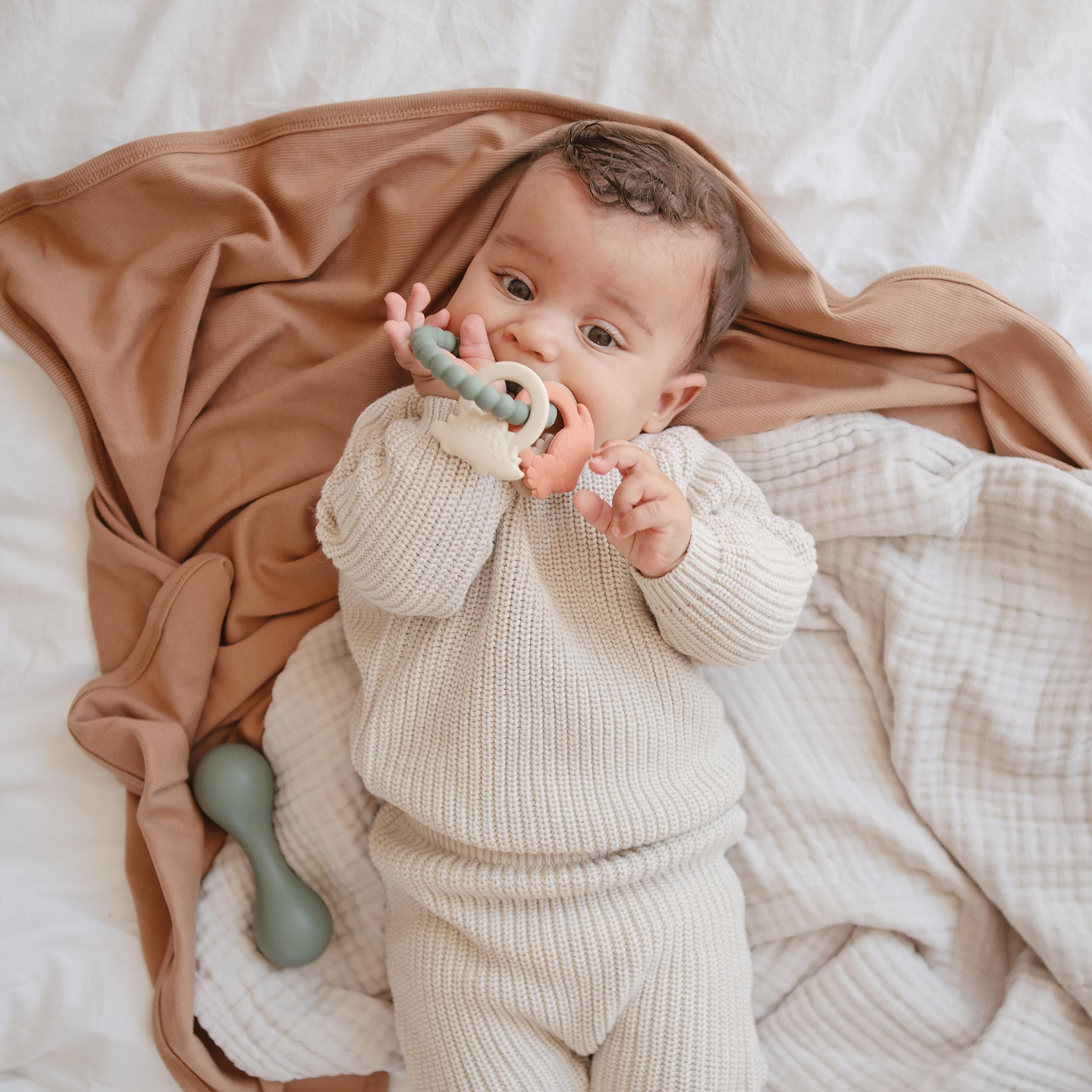 mushie Silicone Dino Teething Ring Toy for Babies - Safe & BPA-Free Chew Toy for Soothing Sore Gums - Perfect for Teething Infants & Toddlers at Home or On-the-Go