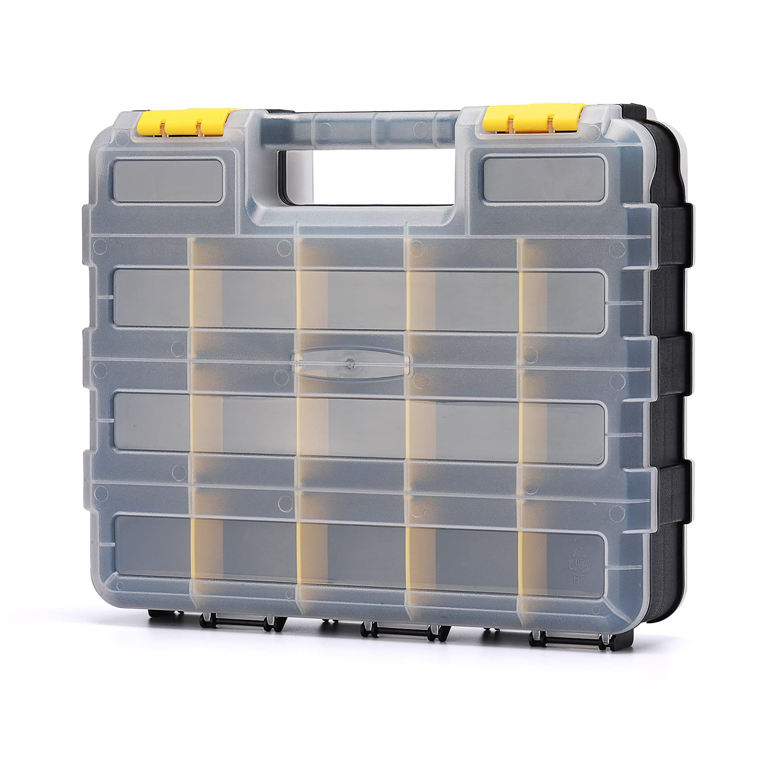 Mayouko Double-Sided Tool Organizer with Customizable Removable Plastic Dividers - 34-Compartment Hardware Storage Box for Small Parts (Black/Yellow) - Perfect for Workshop, Garage & DIY Projects