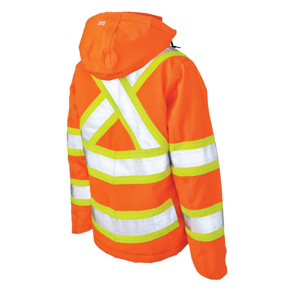 Tough Duck Women's High Visibility Insulated Flexible Safety Work Jacket SJ41 - Orange | Reflective Winter Construction Jacket for Outdoor Work & Cold Weather Protection