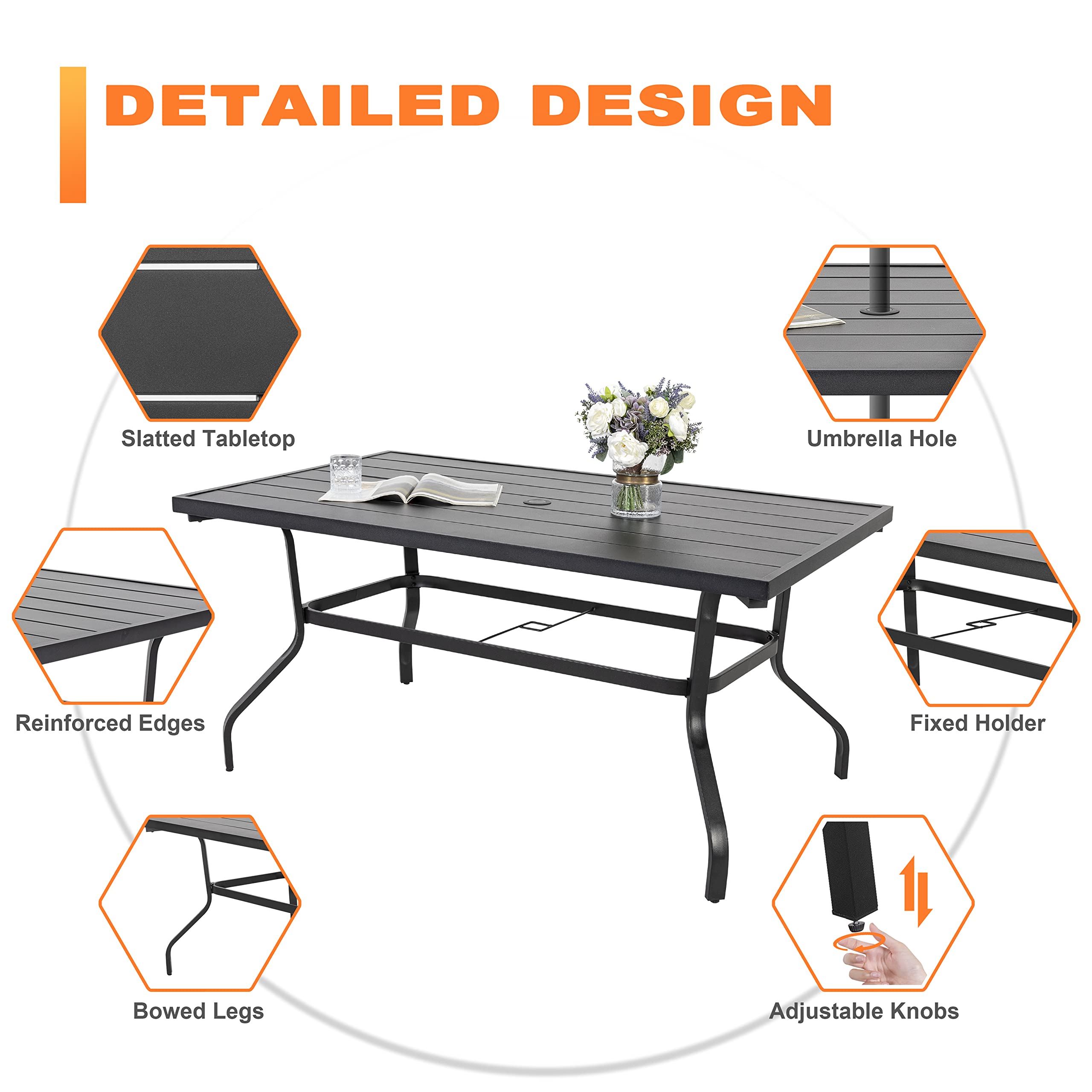 NUU GARDEN 7-Piece Outdoor Dining Set - Black & Brown Iron Patio Furniture with 6 Swivel Chairs & 1 Table (1.57