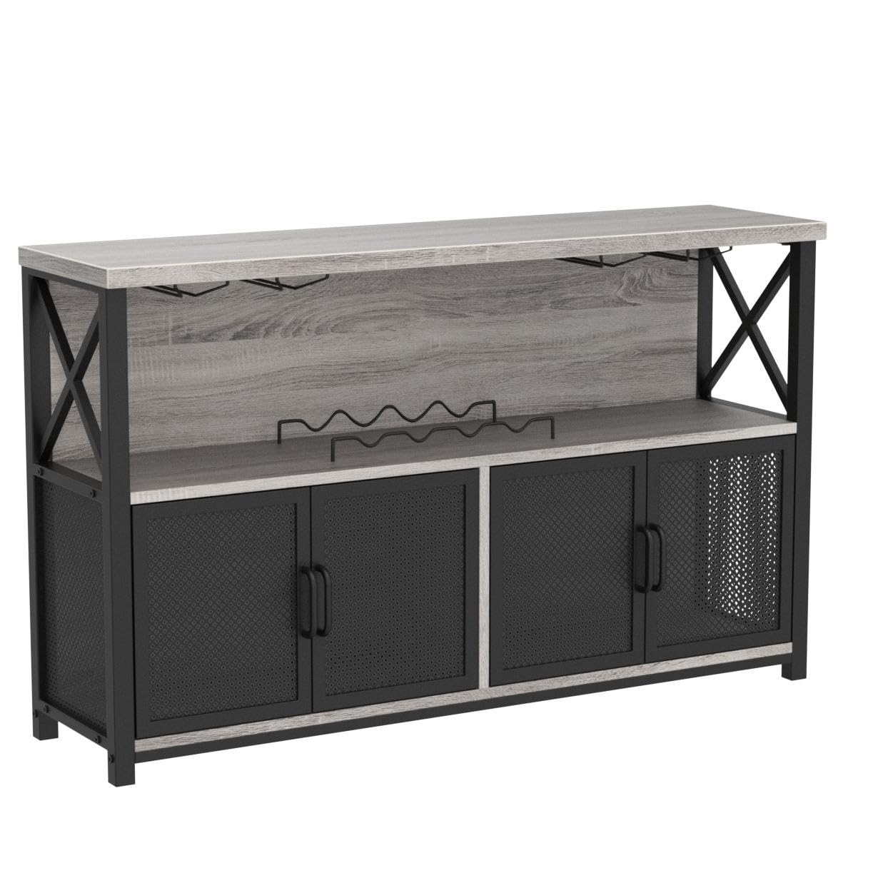 LVB Industrial Farmhouse Coffee Bar Cabinet with Wine Rack Storage - Modern Sideboard Buffet for Liquor, Glasses & Kitchen Essentials - Light Grey Oak 47 Inch for Dining Room, Living Room & Home Bar Decor