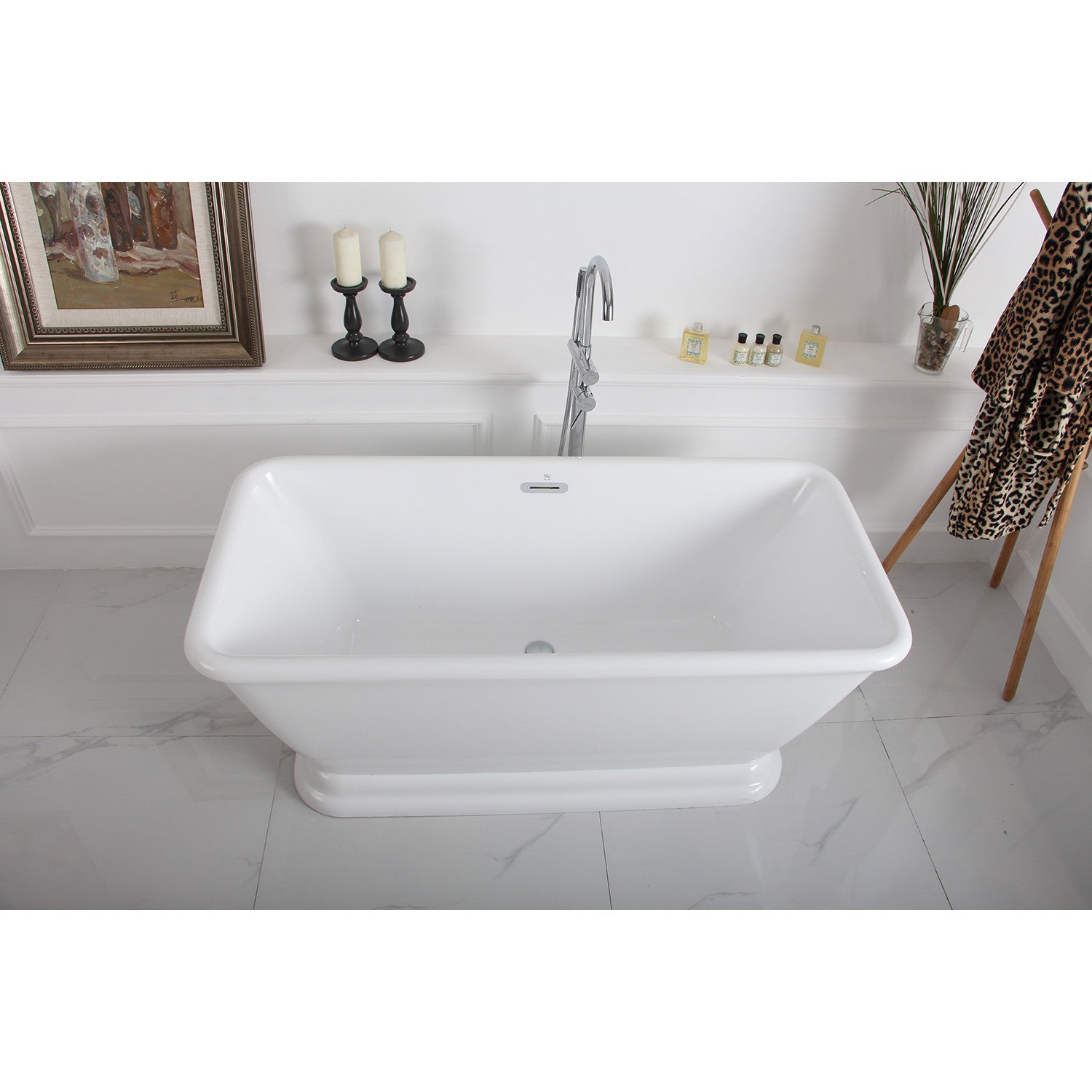 Aqua Eden 60 Inch Acrylic Oval Rectangular Double Ended Pedestal Bathtub - Glossy White Freestanding Soaking Tub with Drain (No Faucet Holes) for Luxury Bathroom & Spa Relaxation