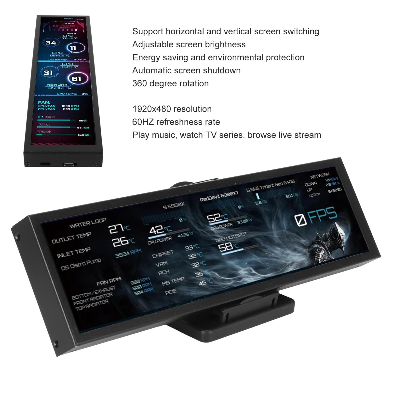 8 Inch IPS Mini USB Display 1920x480, 60Hz Computer Temperature Monitor, 360° Rotatable PC Sensor Panel Screen for Gaming PC Case Accessories - Perfect for PC Builds, Gaming Setups, and Temperature Monitoring (Black)