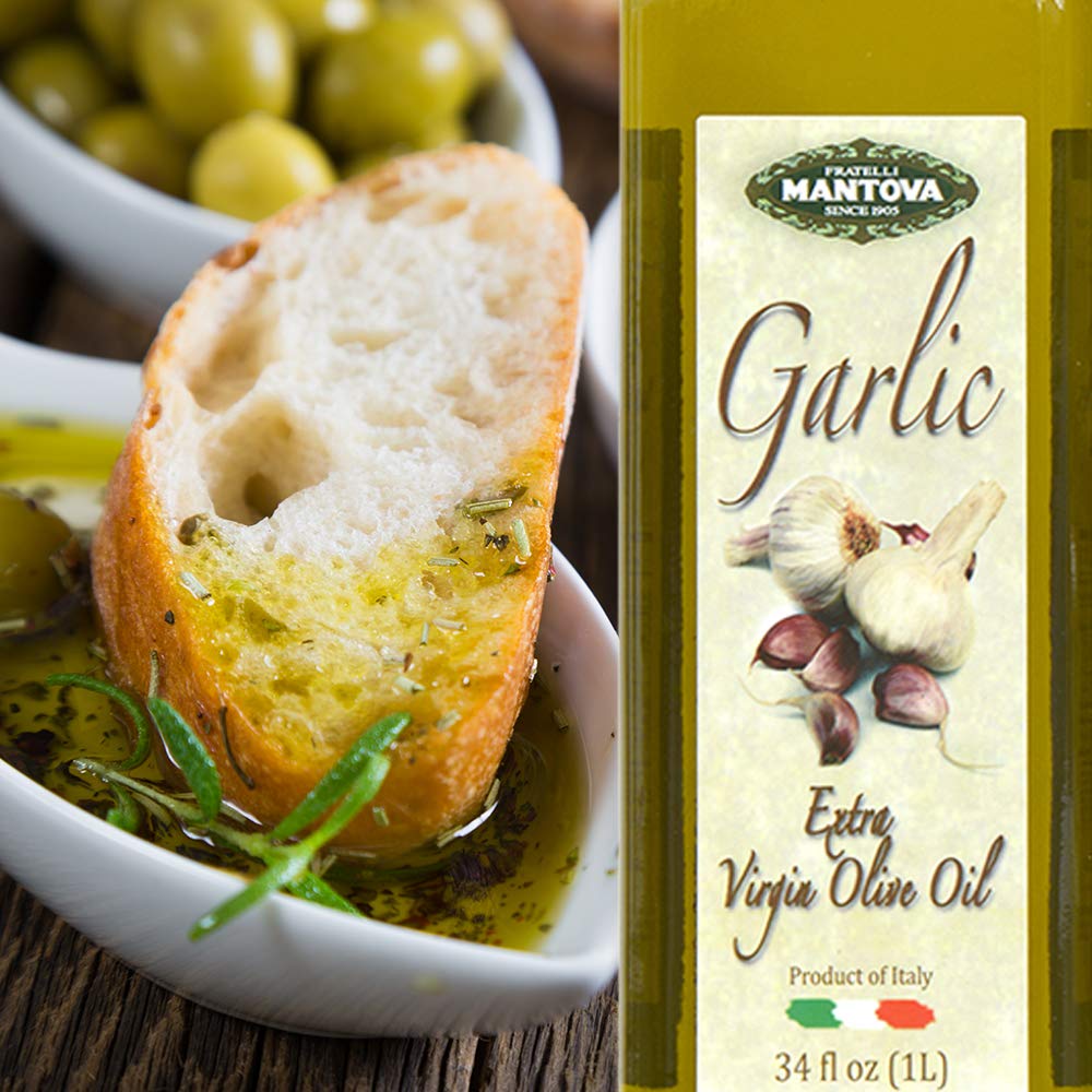 Premium Mantova Garlic Infused Extra Virgin Olive Oil (EVOO) - Cold-Pressed, Imported from Italy - 34 oz Glass Bottle (Pack of 2) - Perfect for Salads, Pasta, Vegetables & Bread Dipping - Great for Cooking, Grilling & Gourmet Recipes